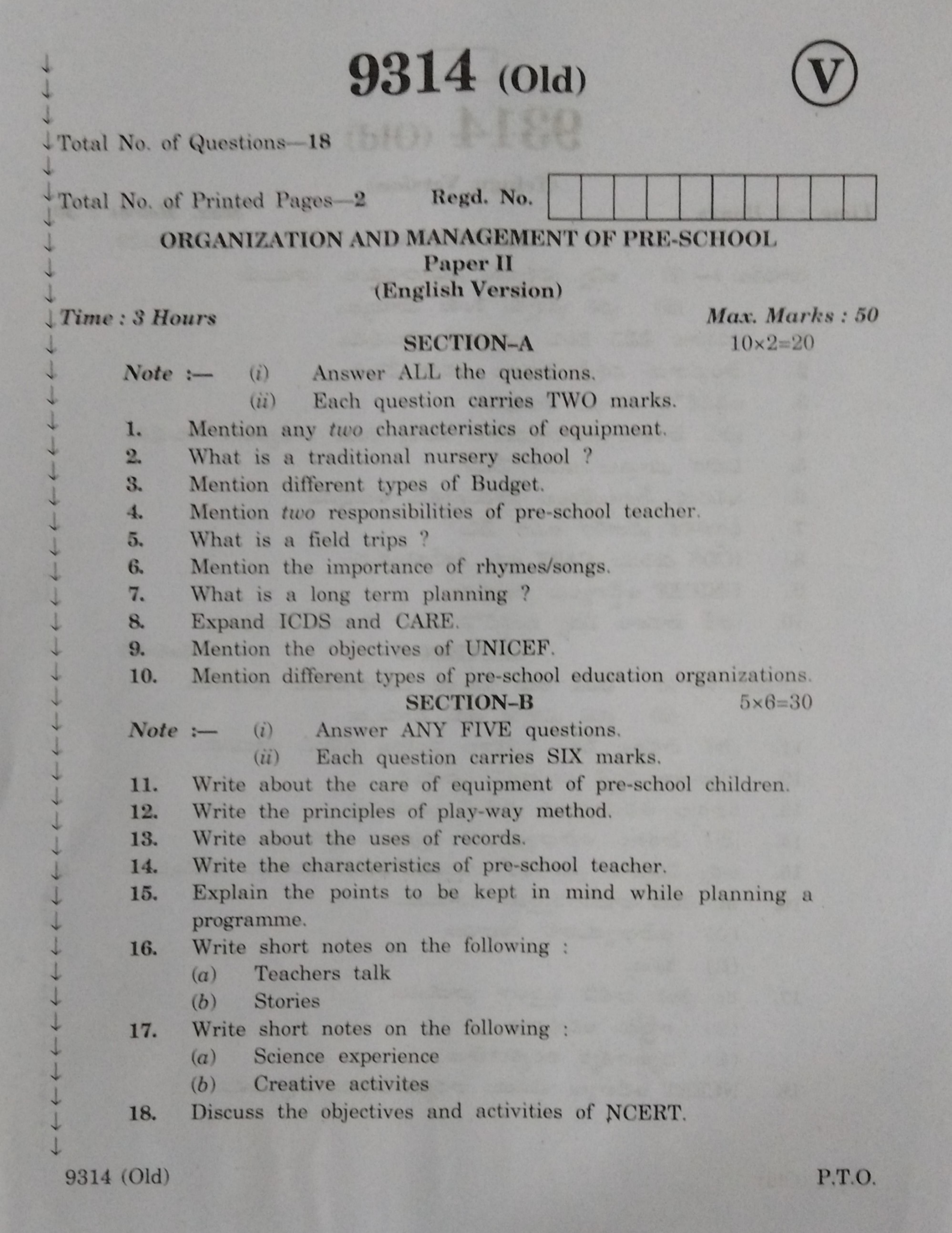 AP Inter 2nd Year Organization Management of Pre School-II (old) March-2020-Vocational Question Paper - Page 1