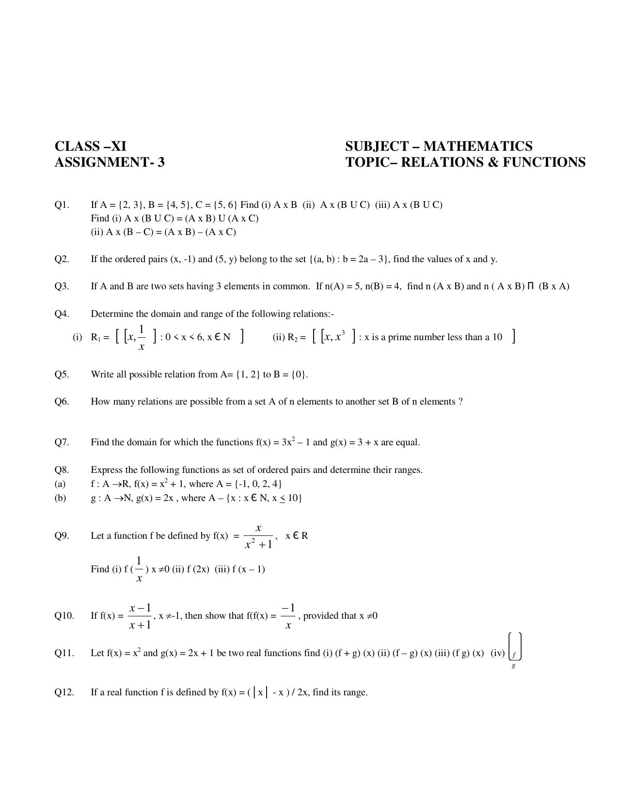 CBSE Worksheets for Class 11 Mathematics Relations and Functions Assignment - Page 1