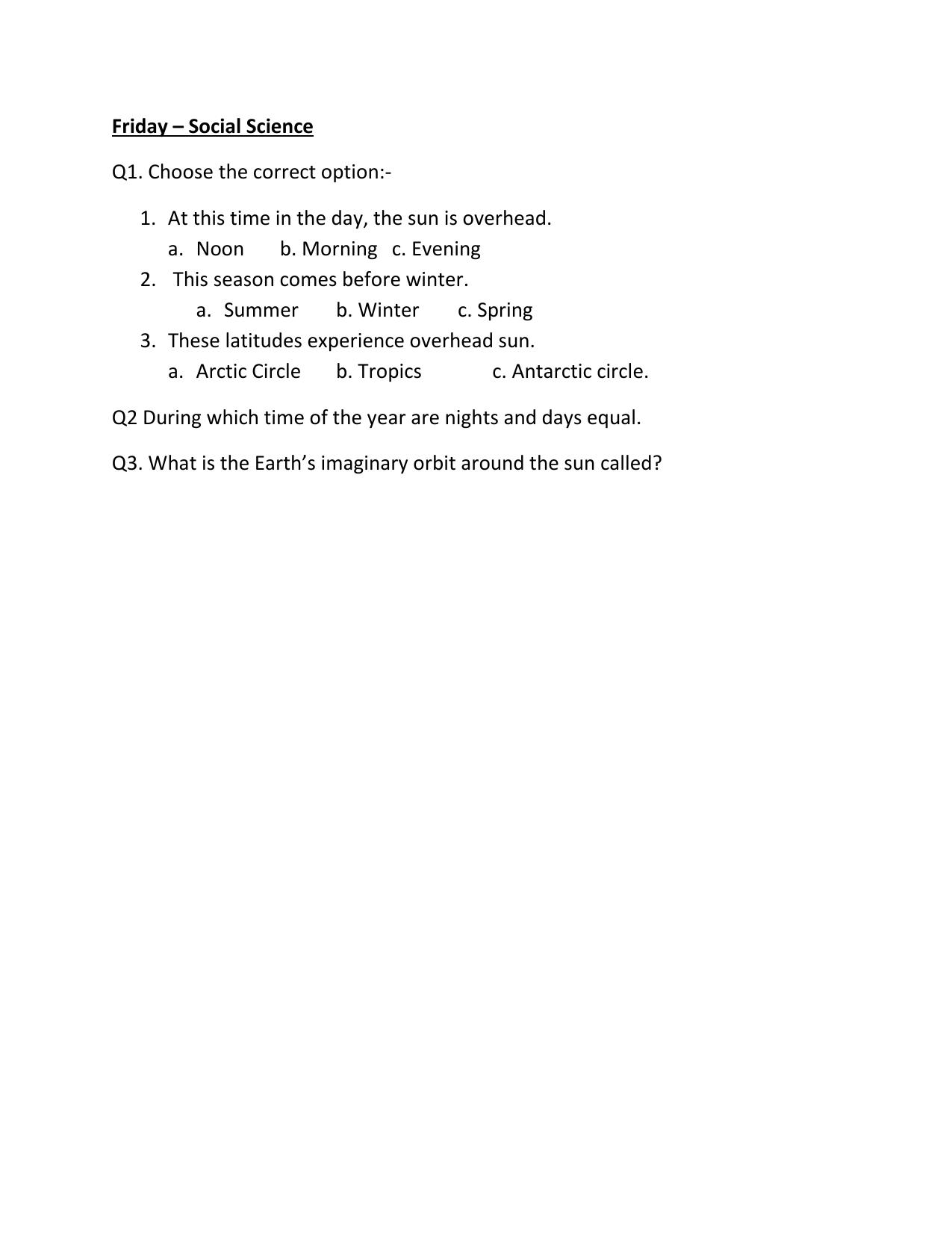 CBSE Worksheets for Class 6 Social Science Nights and days Assignment - Page 1