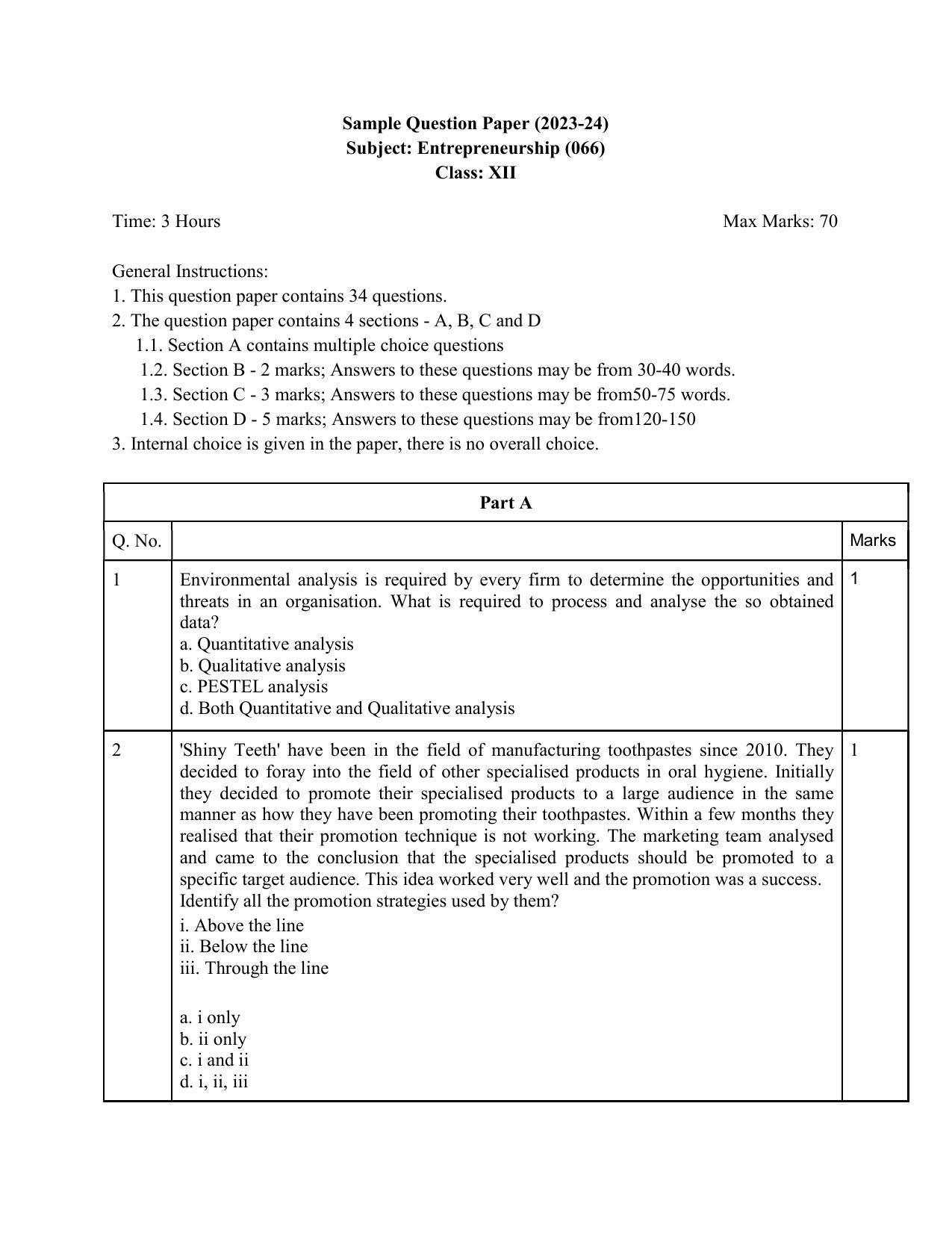 CBSE Class 12 Entrepreneurship Sample Paper 2024 - Page 1