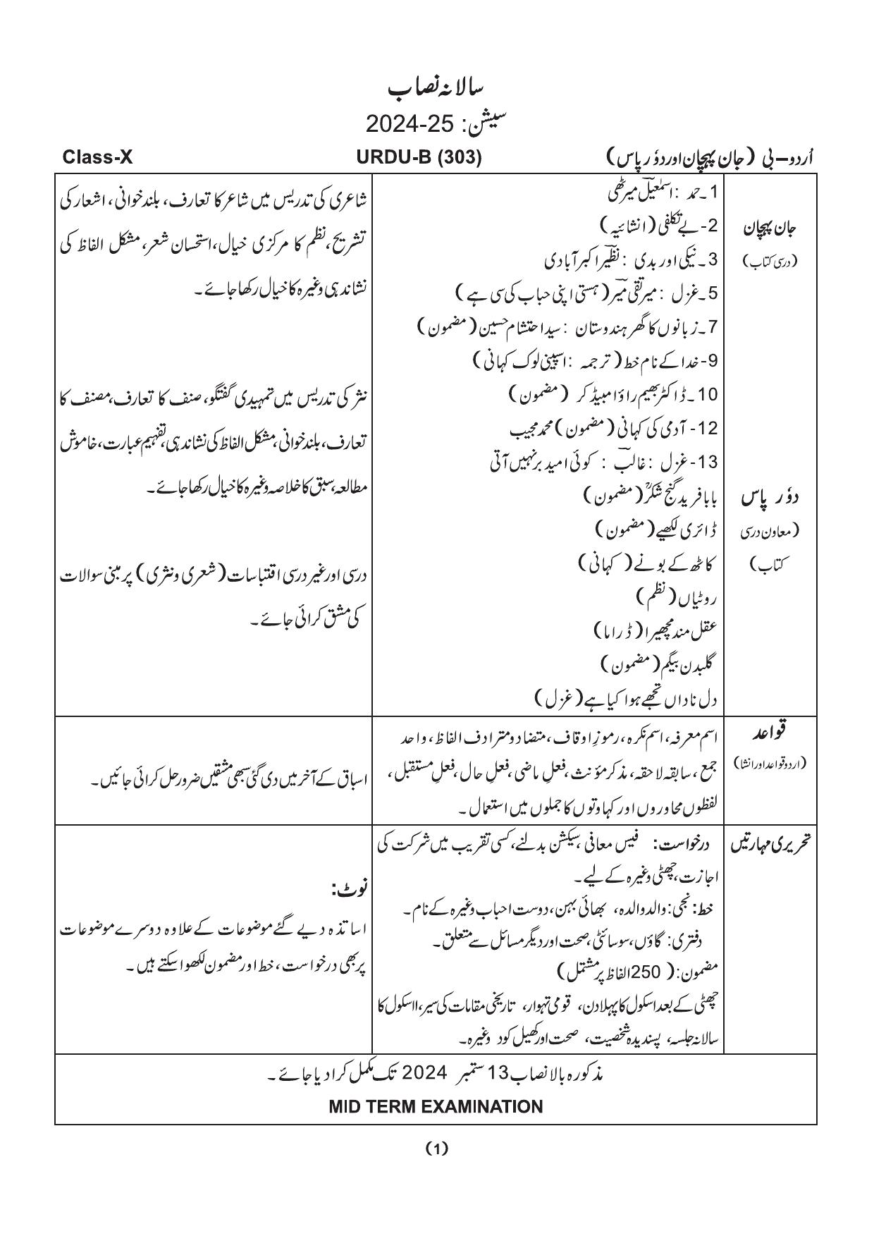 Edudel Class 10 Urdu B Syllabus 2025 - Page 1