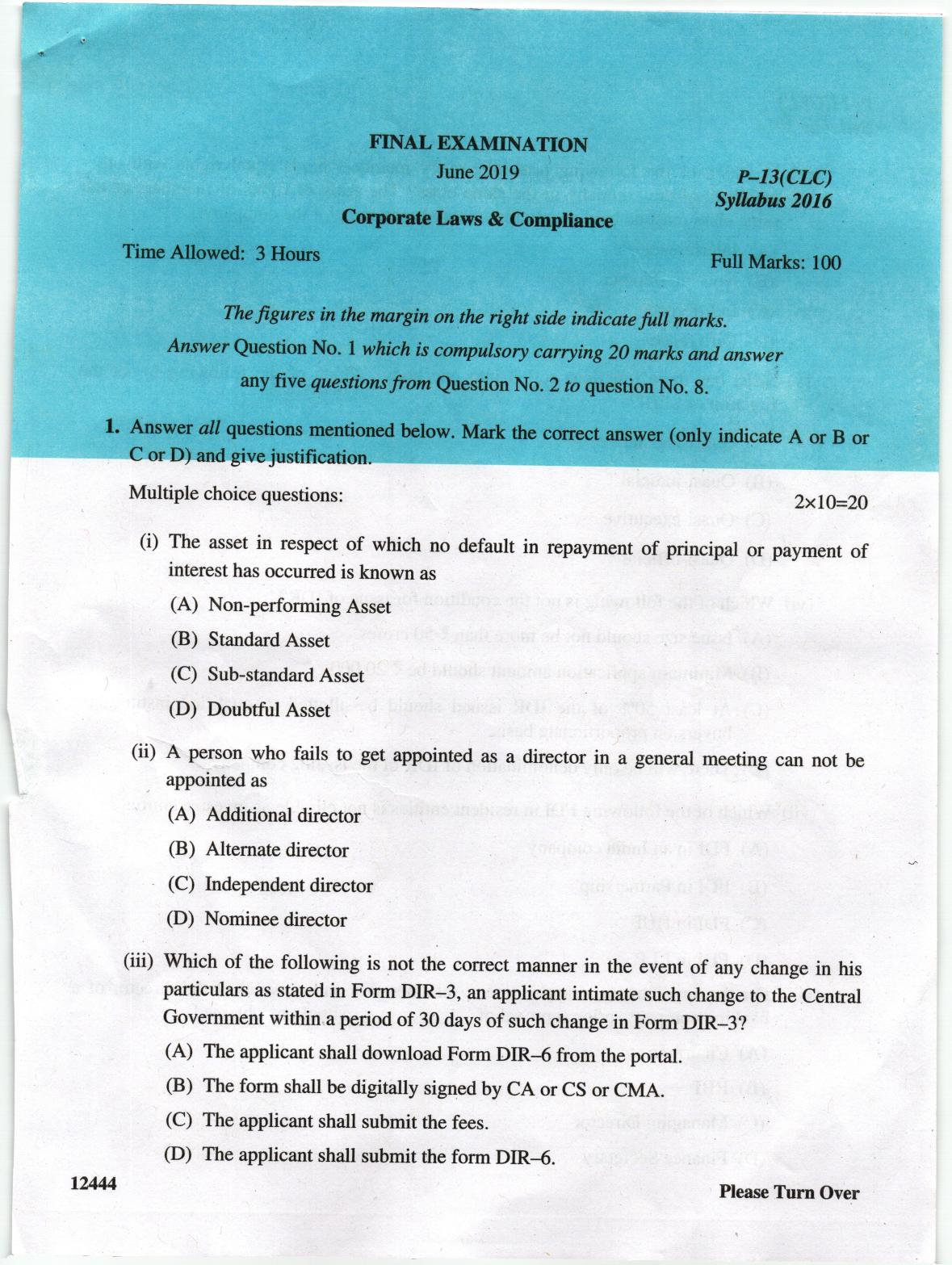 ICMAI June 2019 Corporate Laws & Compliance Question Paper (Final) - Page 1