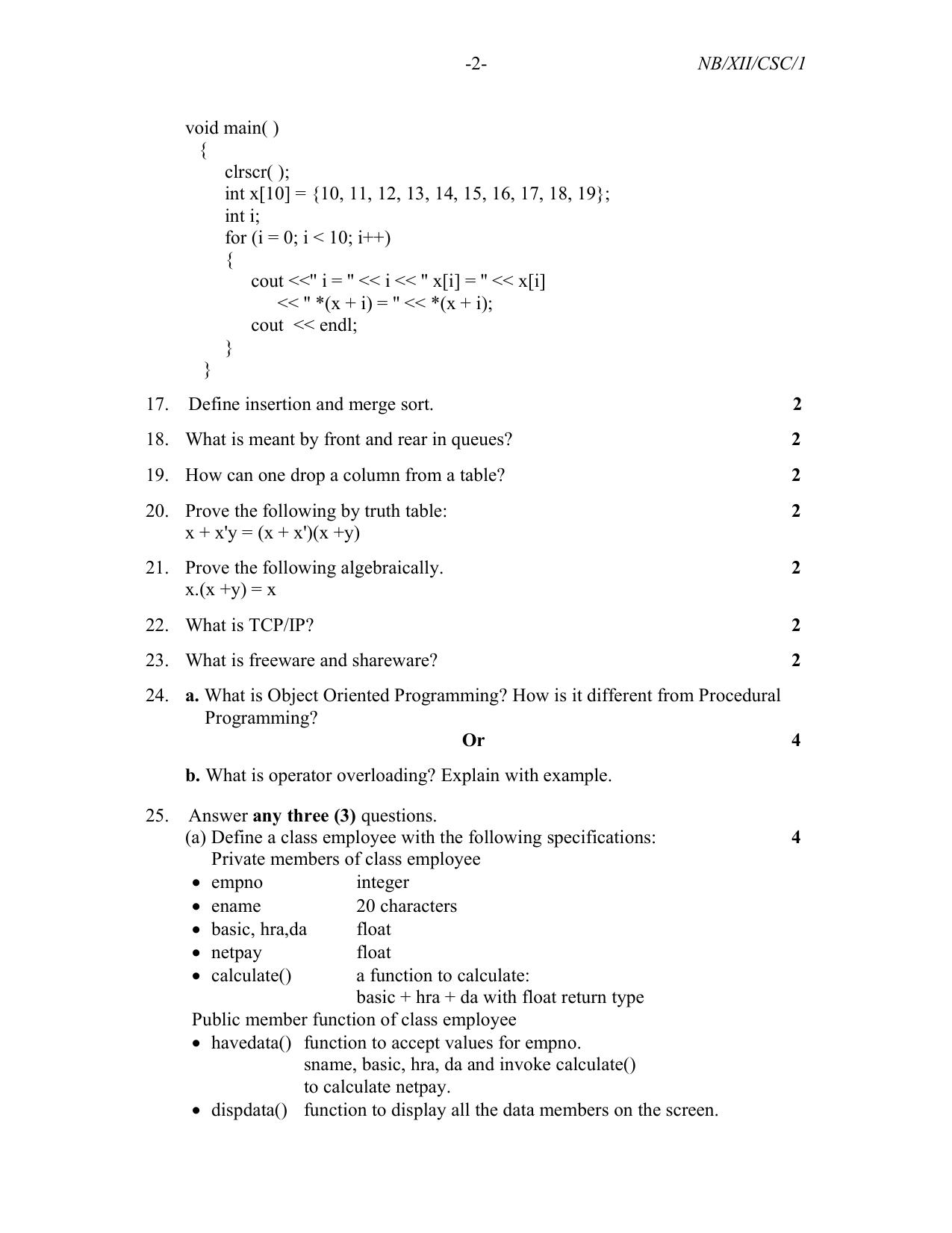 Nagaland Board Class 12 Computer Science 2022 Question Paper - Page 2