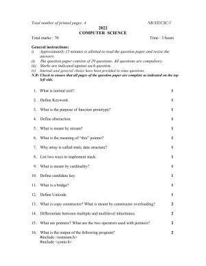 Nagaland Board Class 12 Computer Science 2022 Question Paper