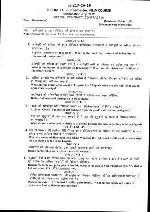 Bilaspur University Question Paper July 2022: B.COM. LL.B. Second Semester (New Course) Special Contract (Contract-II) Paper 1