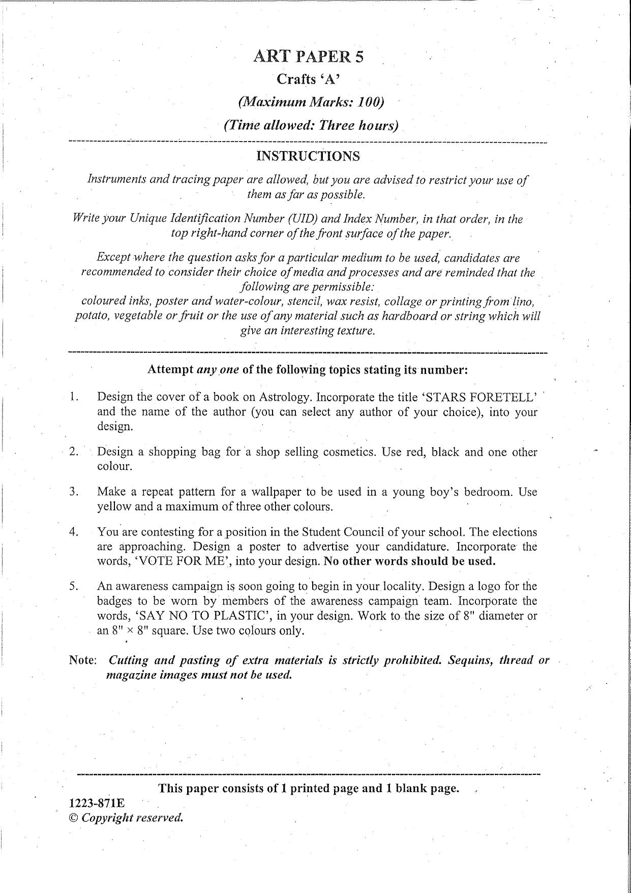 ISC Class 12 Arts Paper 5 (Crafts) 2023 Question Paper - Page 1