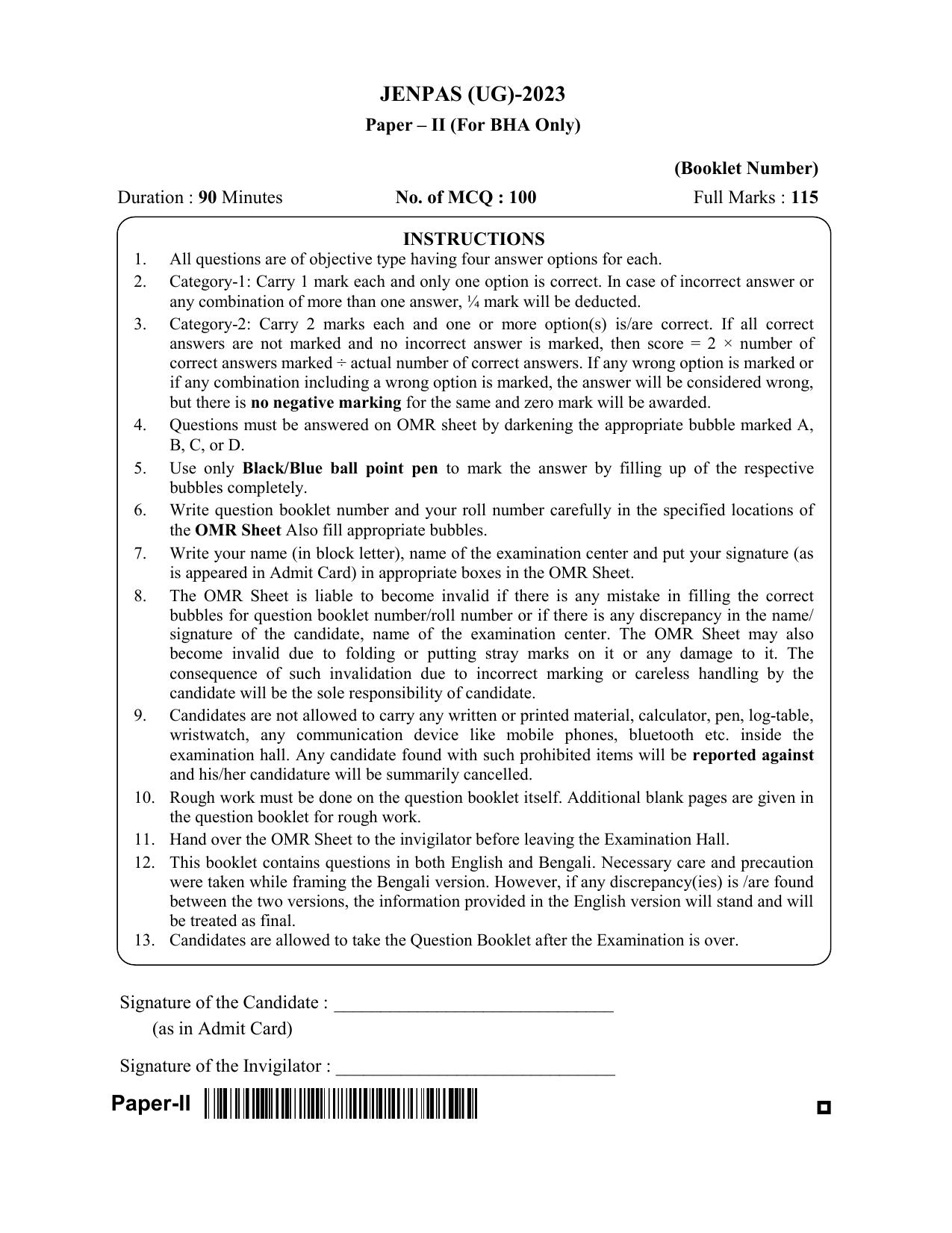 JENPAS (UG) 2023 Paper II (for BHA only) Question Paper - Page 1