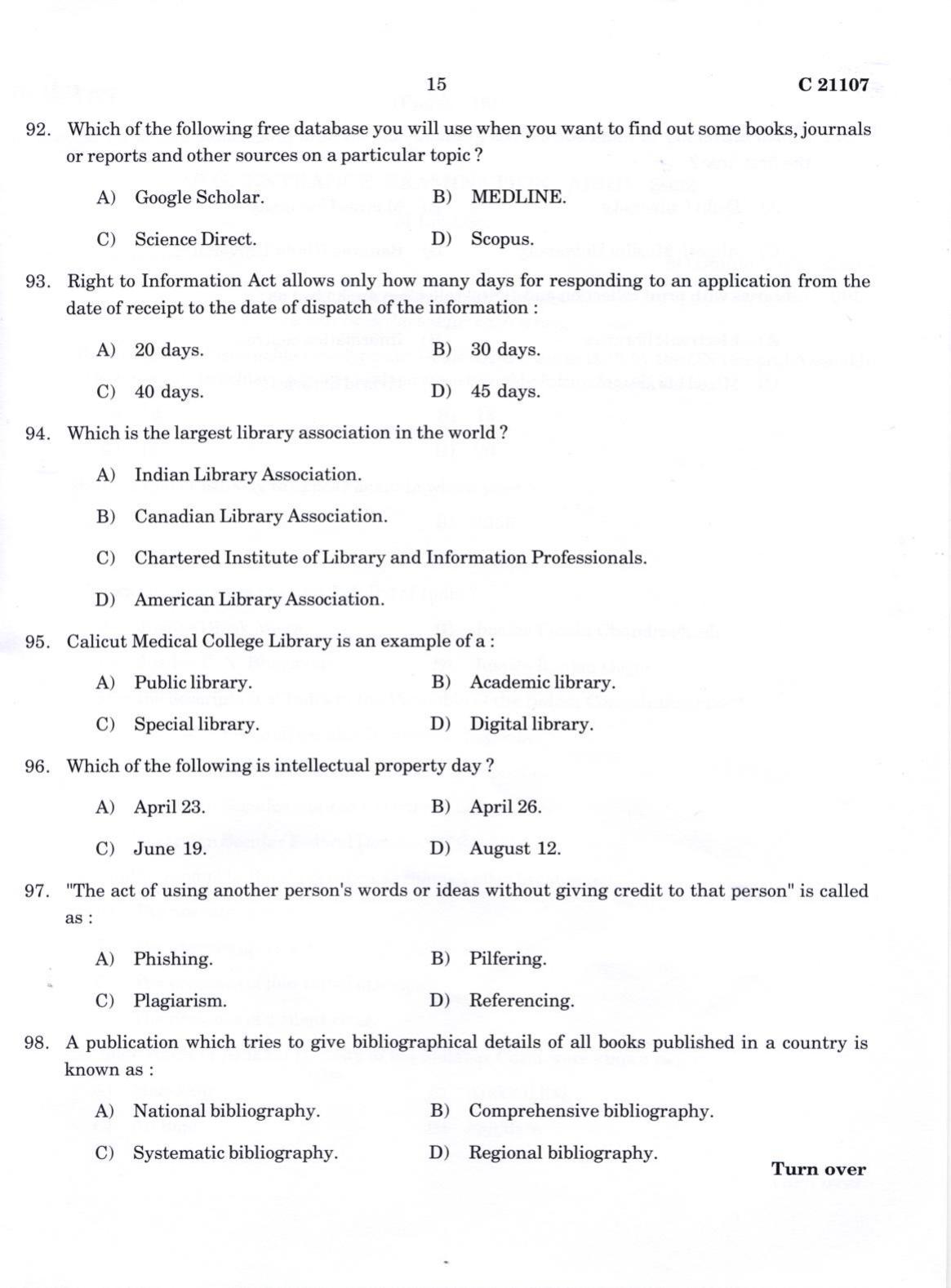 CUCAT 2022 M.Lib.I.Sc Question Paper - Page 15