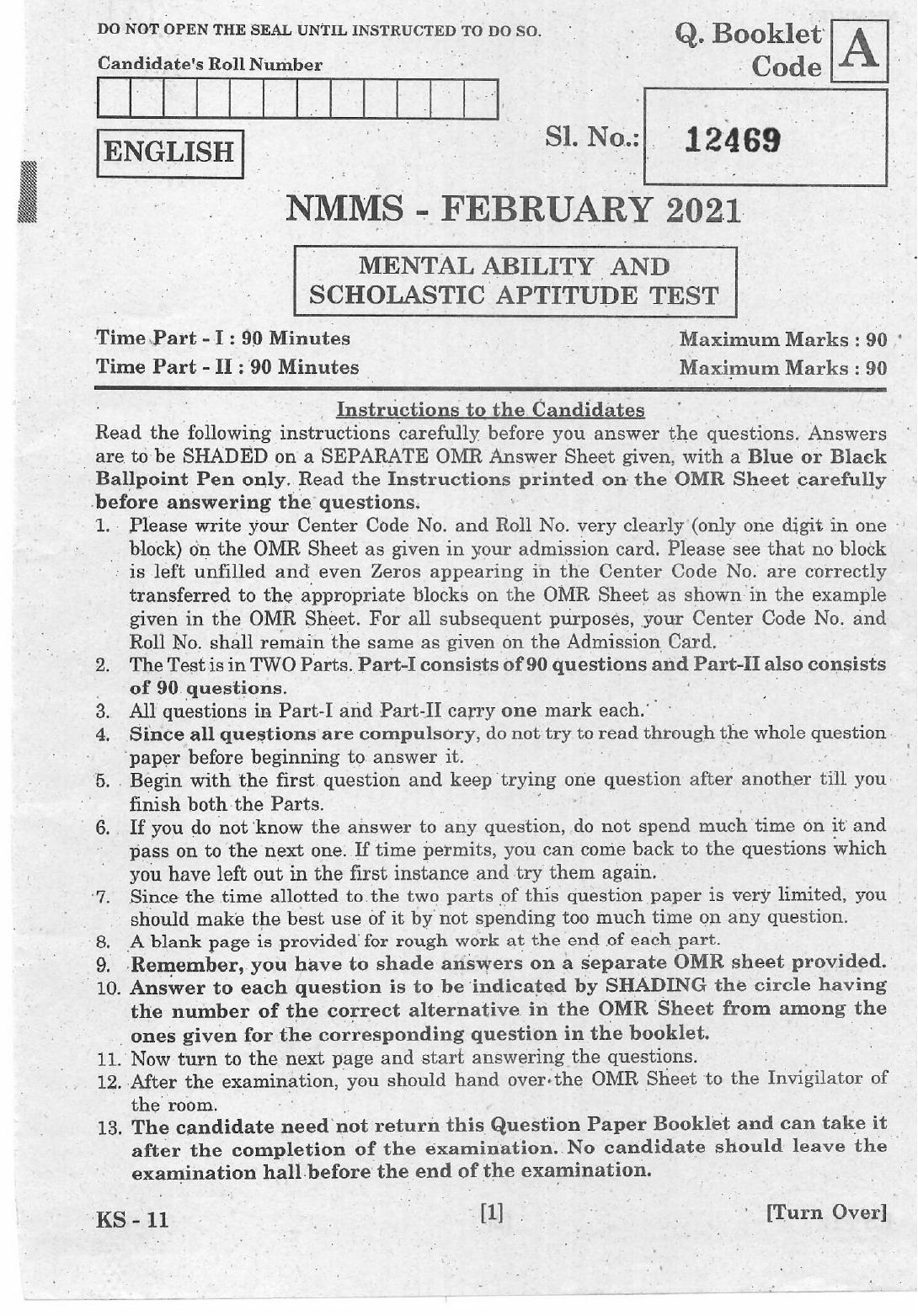 NMMS Feb 2021 Booklet Code-A (English Medium) - Page 1