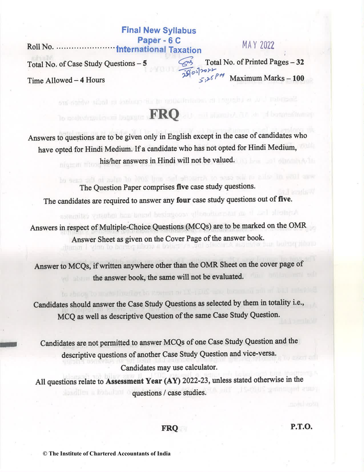 CA Final May 2022 Question Paper - Paper 6C – International Taxation - Page 1