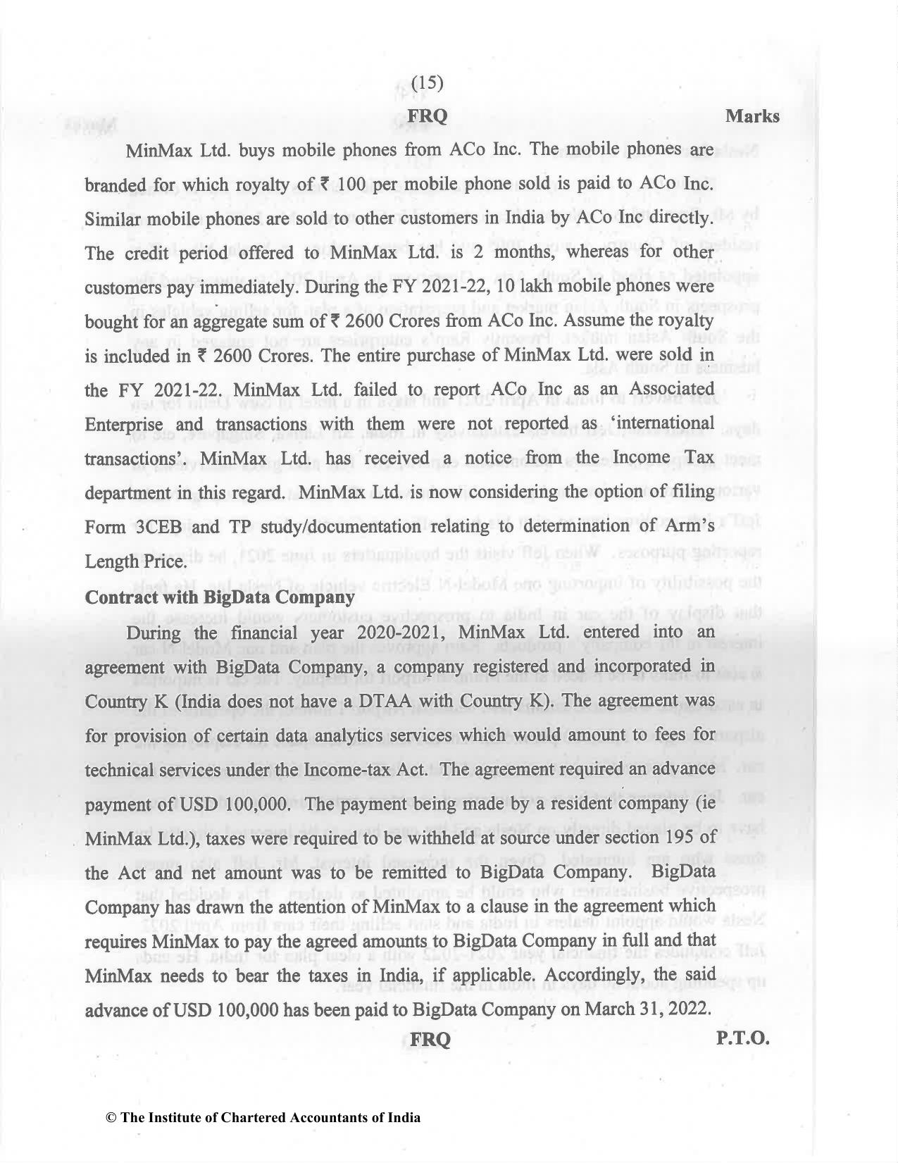 CA Final May 2022 Question Paper - Paper 6C – International Taxation - Page 15