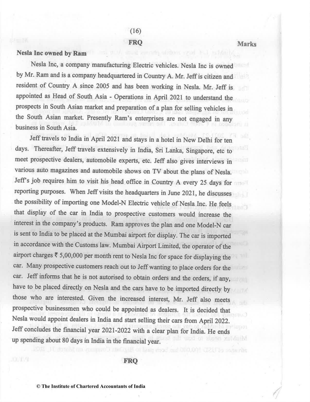 CA Final May 2022 Question Paper - Paper 6C – International Taxation - Page 16