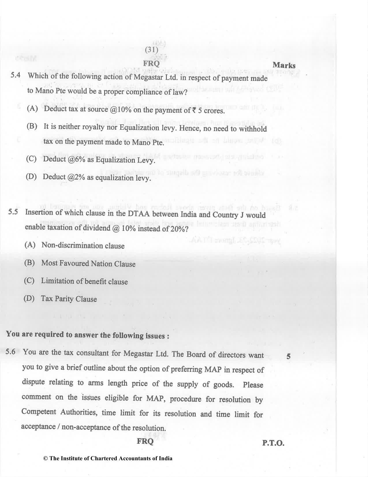 CA Final May 2022 Question Paper - Paper 6C – International Taxation - Page 31