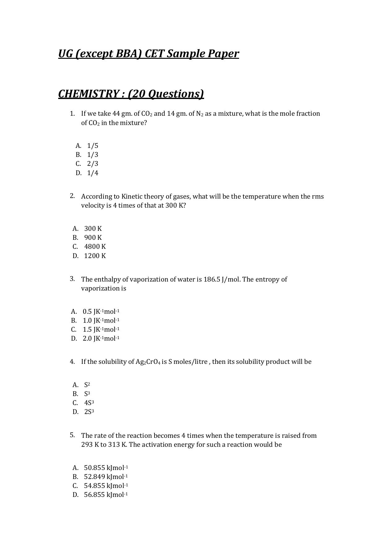UG - Chemistry - IMU CET Model Question Papers - CET (Set-II) - Page 1