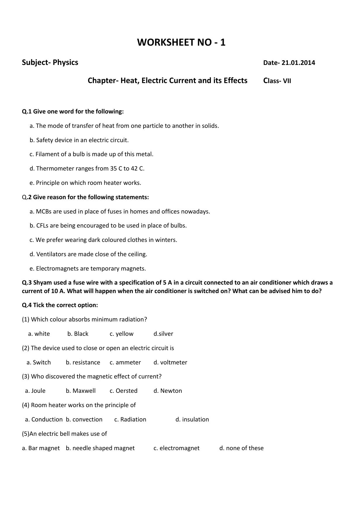 CBSE Worksheets for Class 7 Science Heat, Electric Current and its Effects Assignment - Page 1