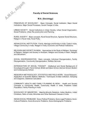 AMU Entrance Exam: M.A. (Sociology) Syllabus