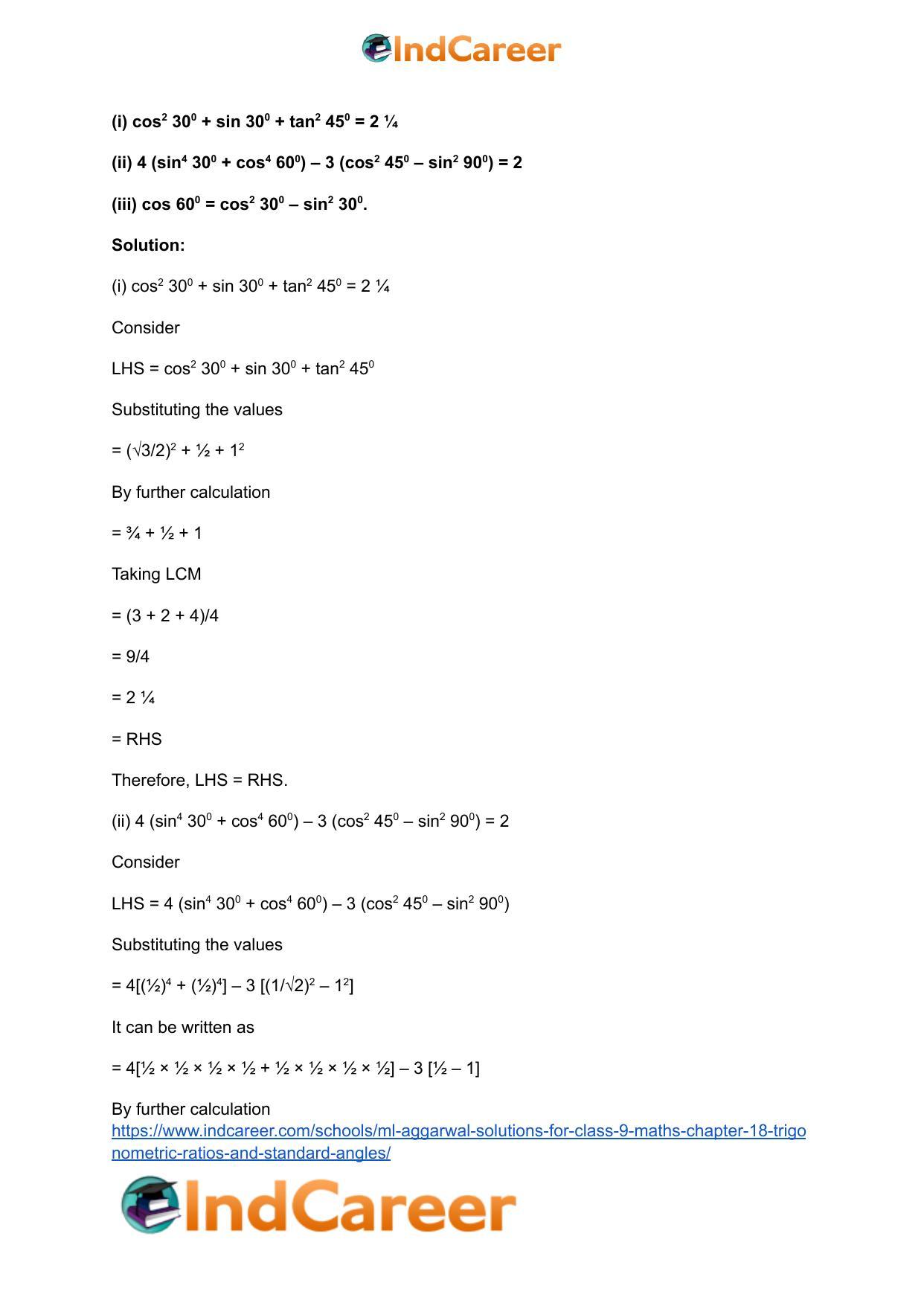 ML Aggarwal Solutions for Class 9 Maths Chapter 18- Trigonometric Ratios and Standard Angles - Page 7