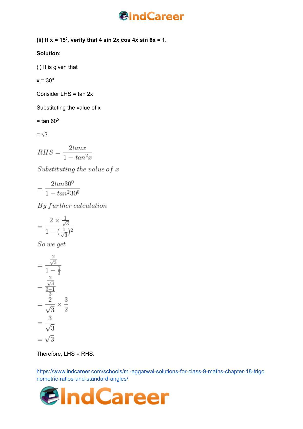 ML Aggarwal Solutions for Class 9 Maths Chapter 18- Trigonometric Ratios and Standard Angles - Page 9
