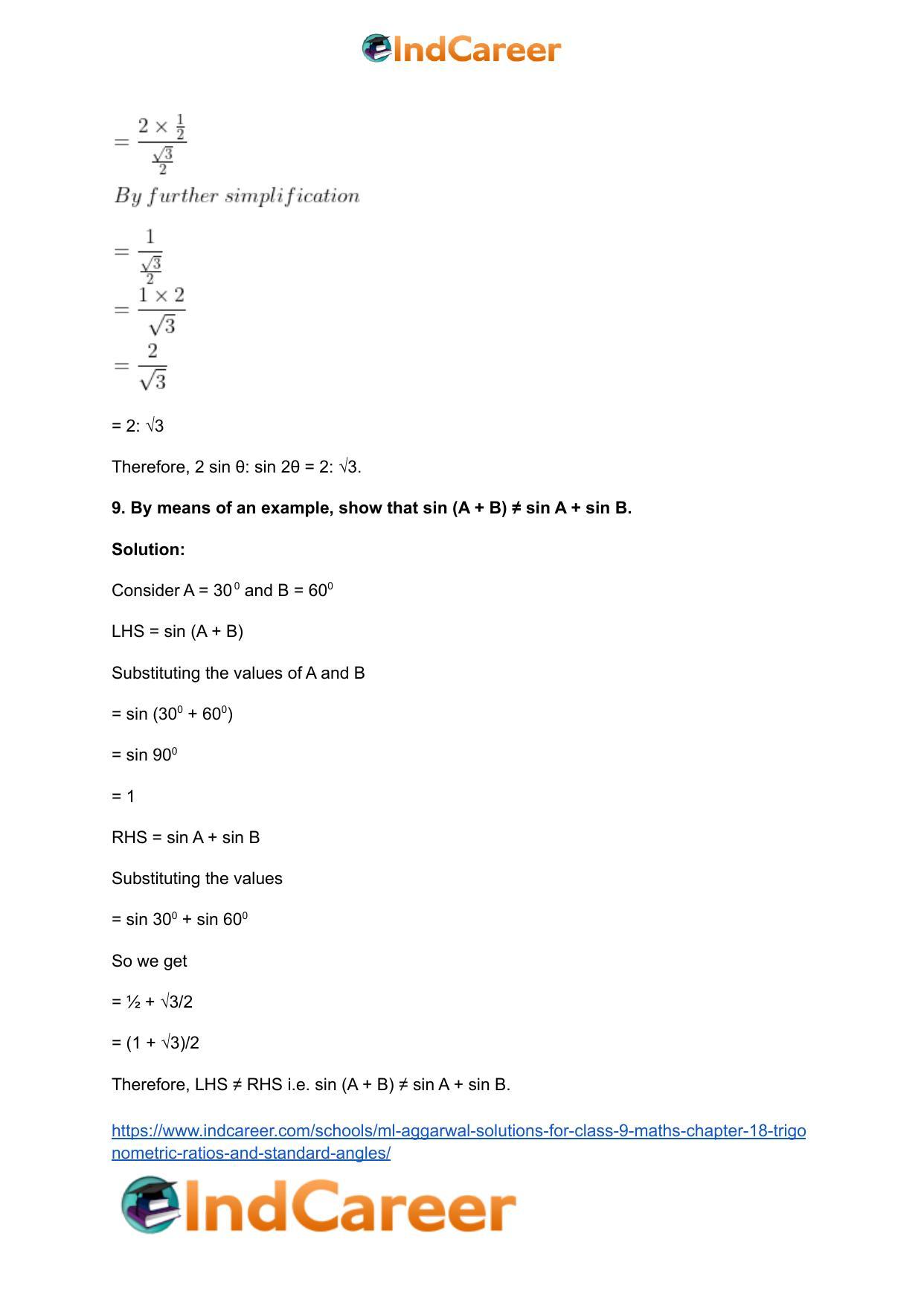 ML Aggarwal Solutions for Class 9 Maths Chapter 18- Trigonometric Ratios and Standard Angles - Page 15