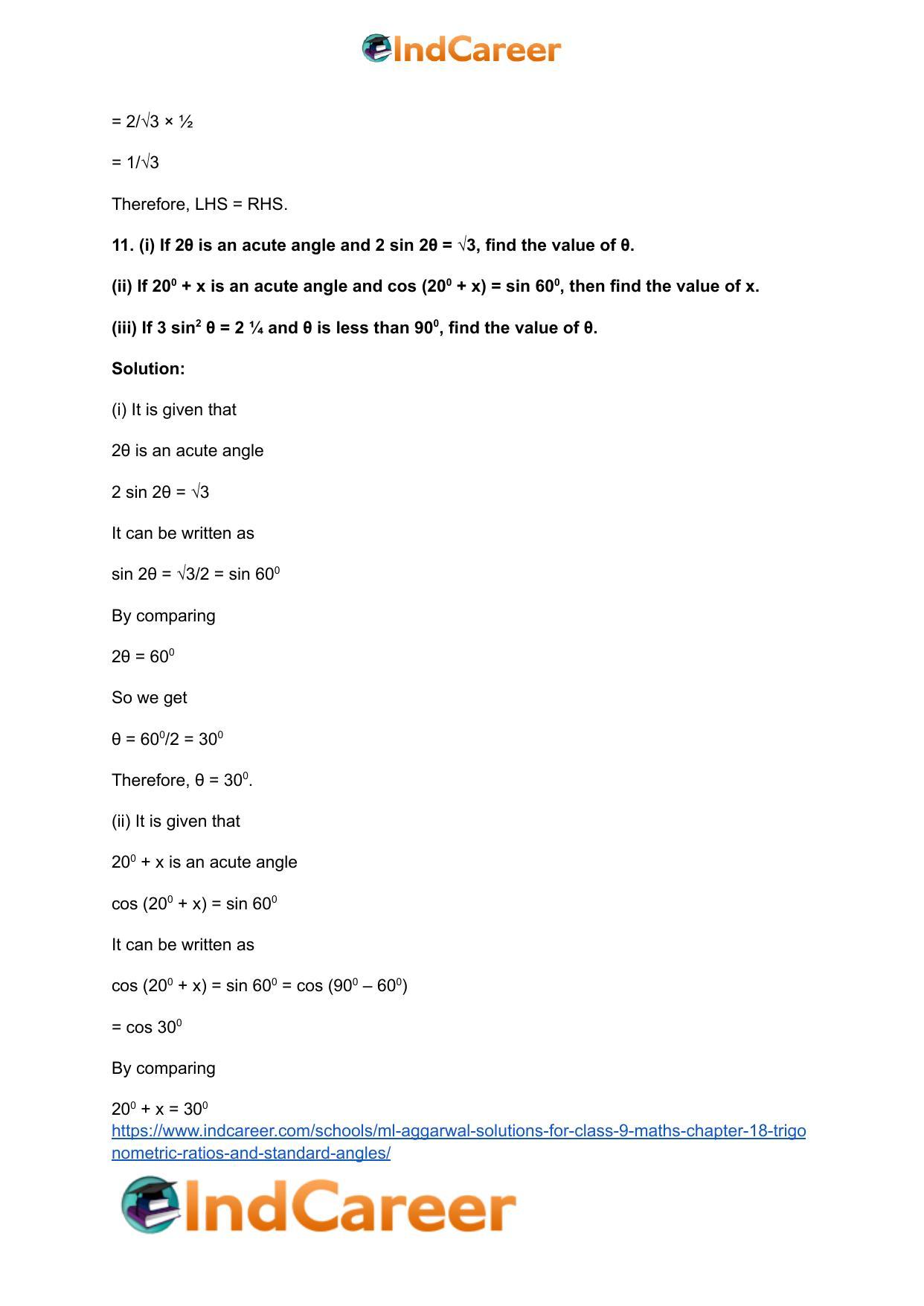 ML Aggarwal Solutions for Class 9 Maths Chapter 18- Trigonometric Ratios and Standard Angles - Page 19