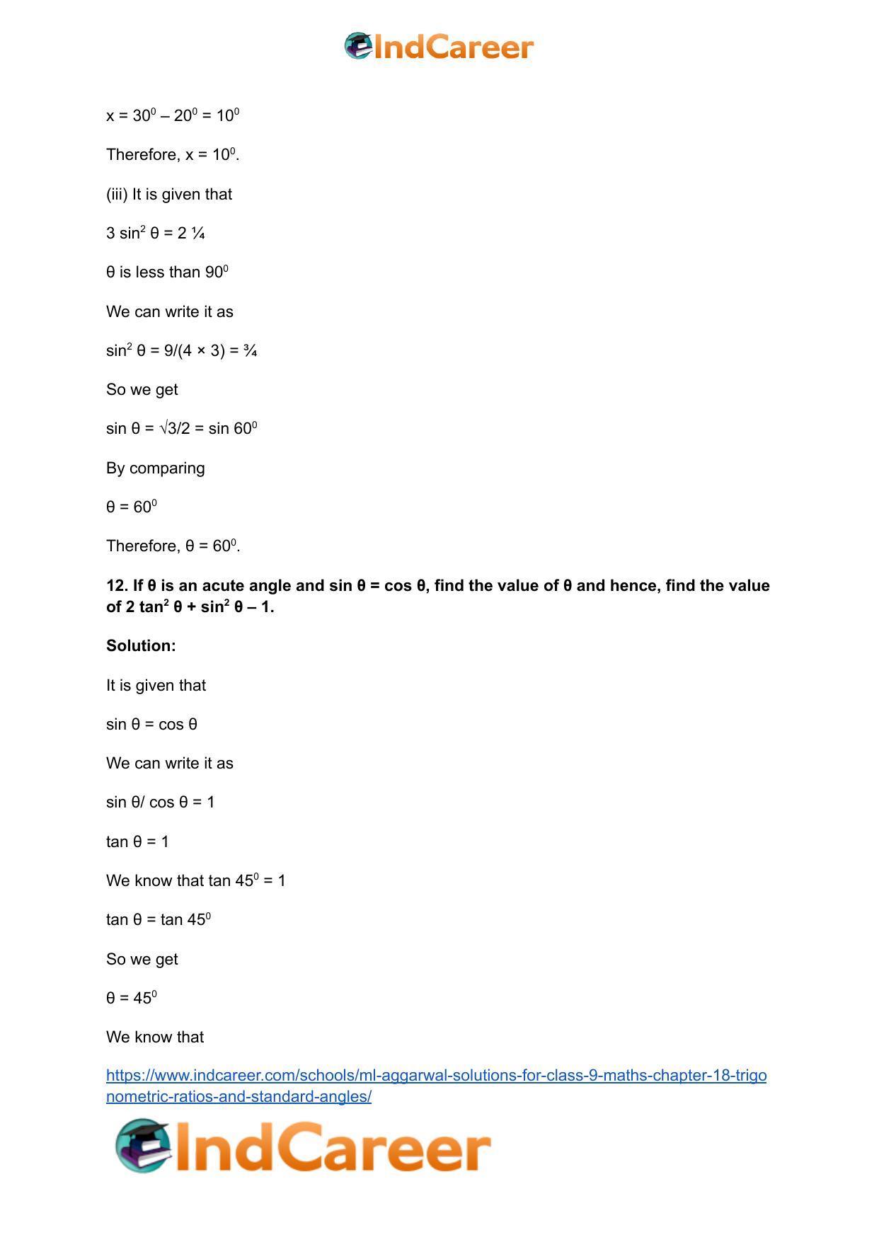 ML Aggarwal Solutions for Class 9 Maths Chapter 18- Trigonometric Ratios and Standard Angles - Page 20