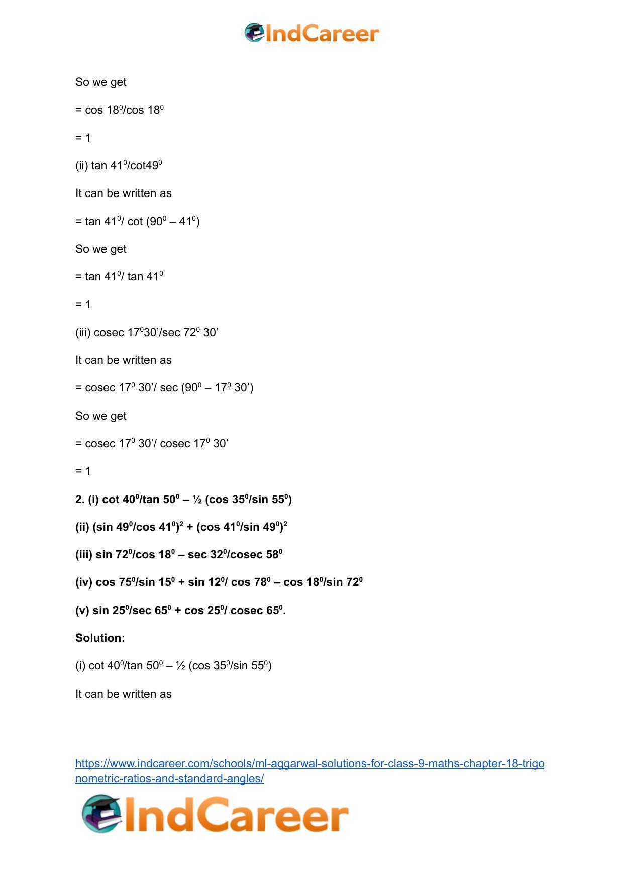ML Aggarwal Solutions for Class 9 Maths Chapter 18- Trigonometric Ratios and Standard Angles - Page 36