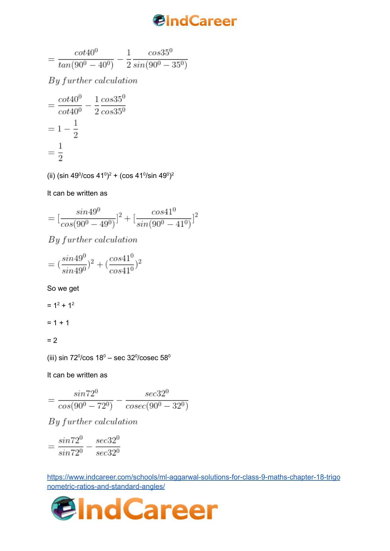 ML Aggarwal Solutions for Class 9 Maths Chapter 18- Trigonometric Ratios and Standard Angles - Page 37
