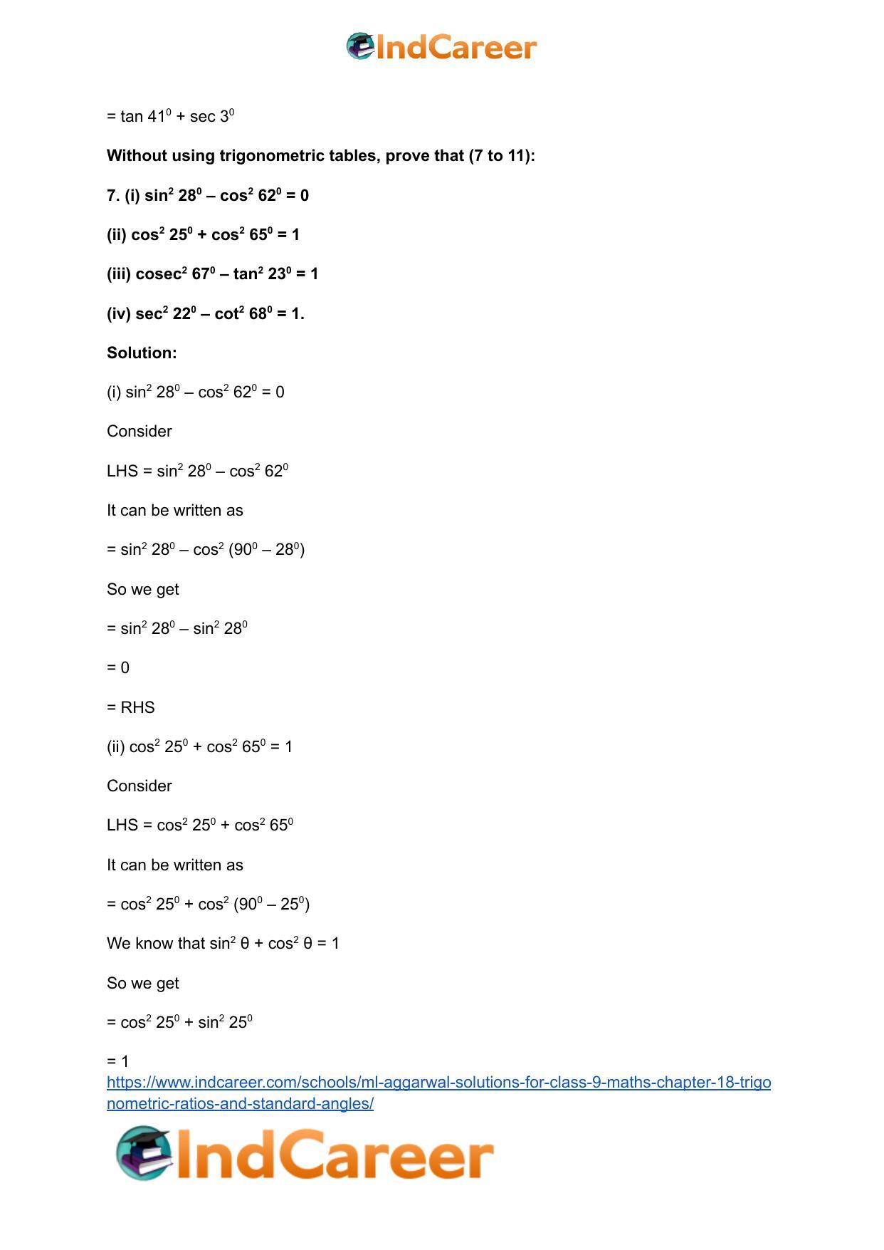 ML Aggarwal Solutions for Class 9 Maths Chapter 18- Trigonometric Ratios and Standard Angles - Page 42