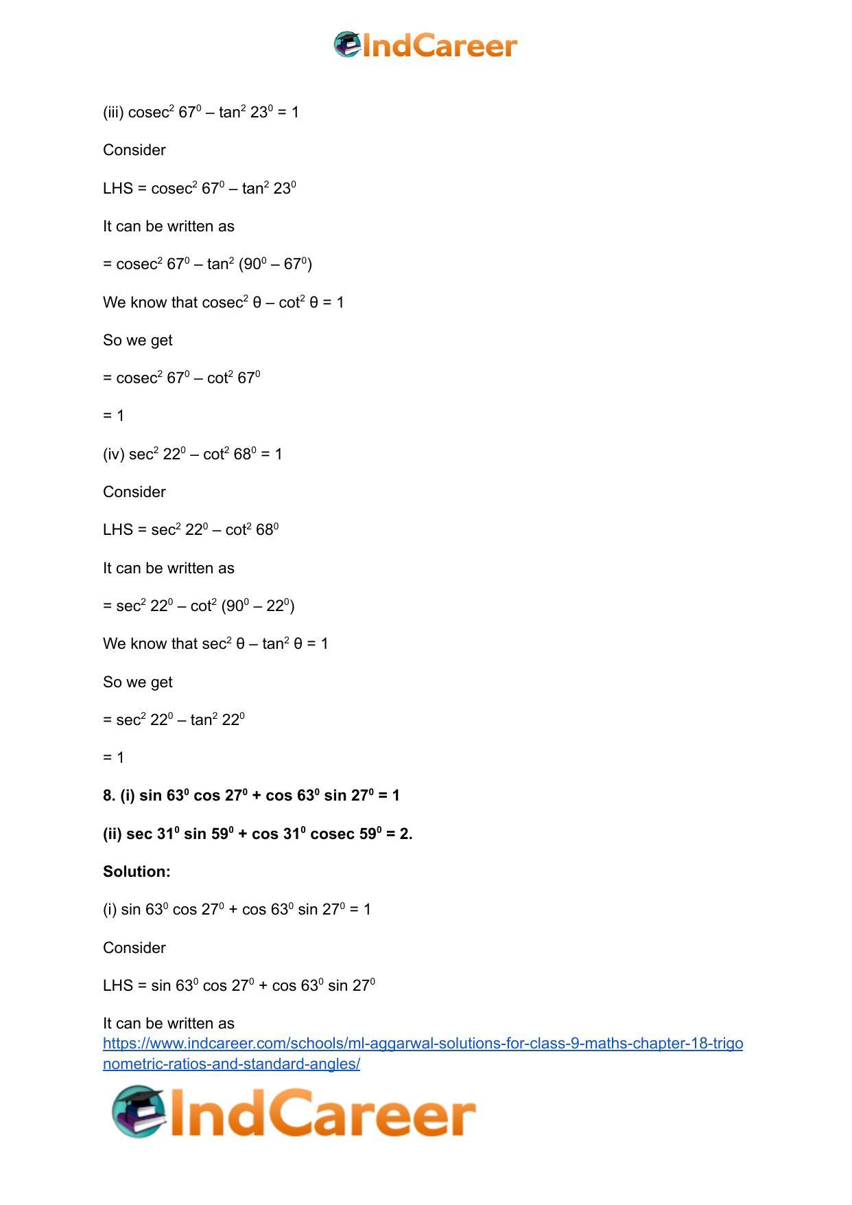 ML Aggarwal Solutions for Class 9 Maths Chapter 18- Trigonometric Ratios and Standard Angles - Page 43