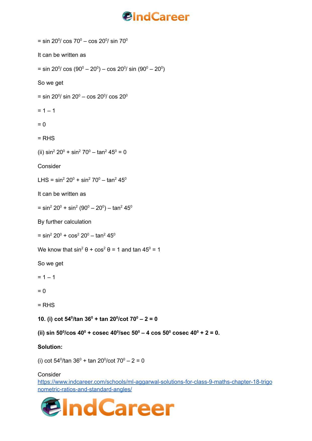 ML Aggarwal Solutions for Class 9 Maths Chapter 18- Trigonometric Ratios and Standard Angles - Page 45