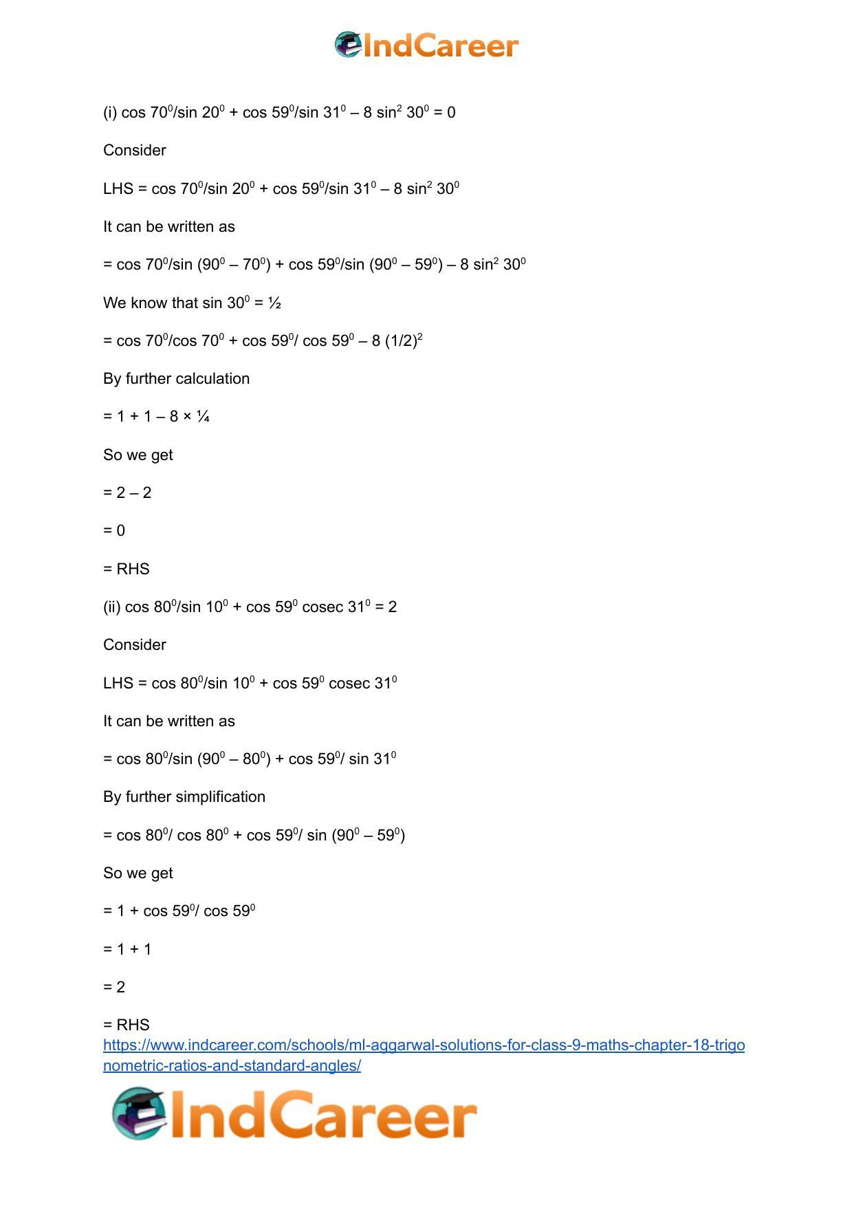 ML Aggarwal Solutions for Class 9 Maths Chapter 18- Trigonometric Ratios and Standard Angles - Page 47