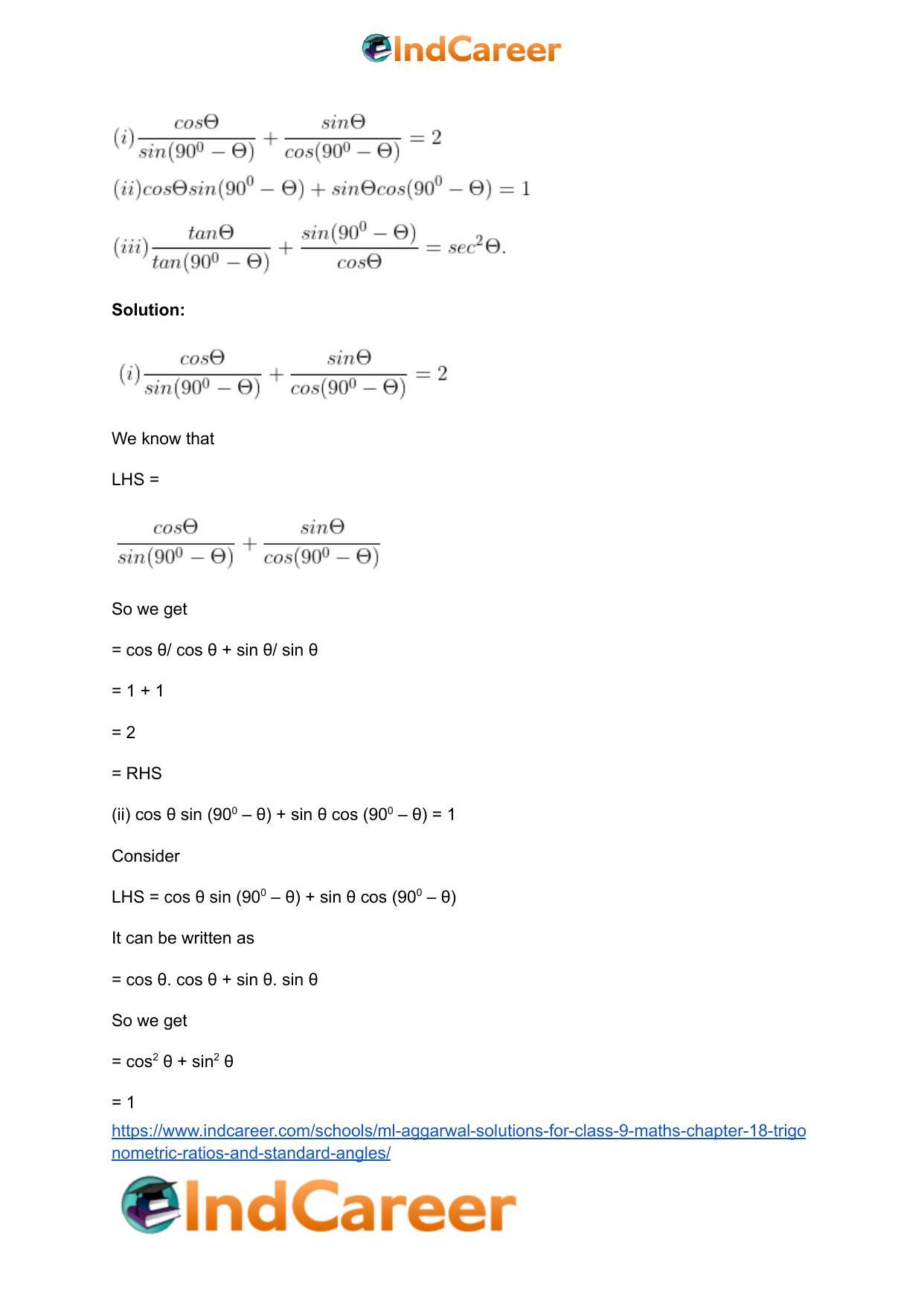 ML Aggarwal Solutions for Class 9 Maths Chapter 18- Trigonometric Ratios and Standard Angles - Page 50