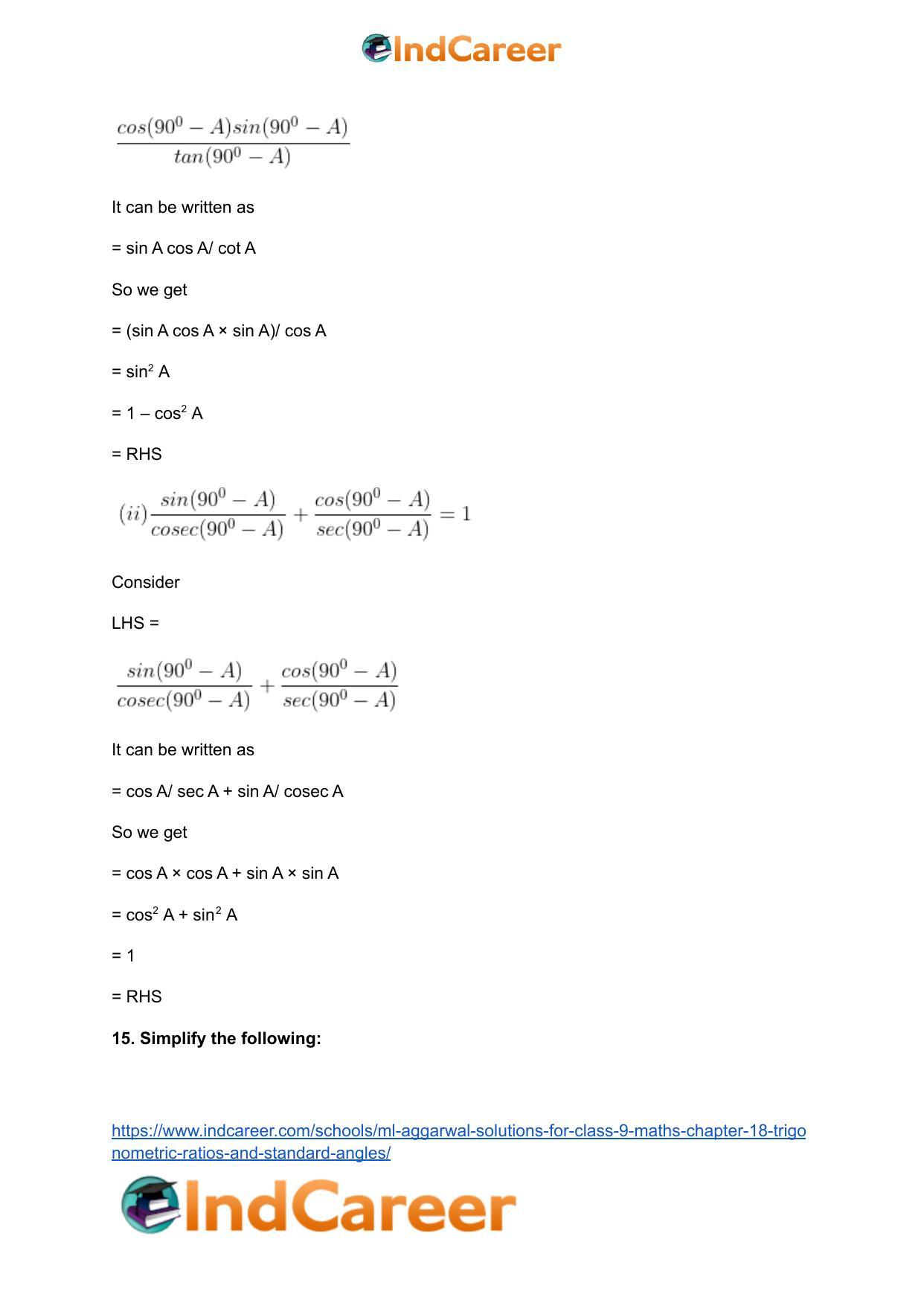 ML Aggarwal Solutions for Class 9 Maths Chapter 18- Trigonometric Ratios and Standard Angles - Page 52