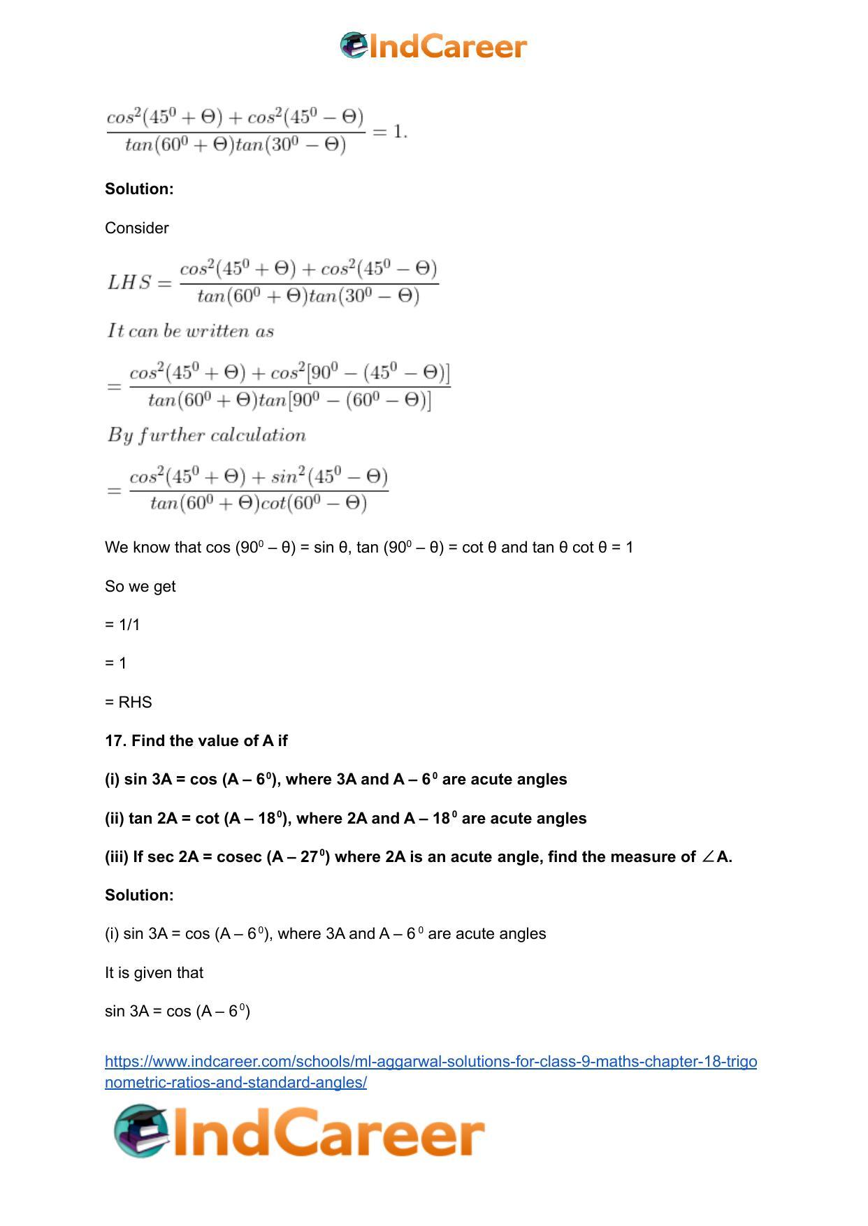 ML Aggarwal Solutions for Class 9 Maths Chapter 18- Trigonometric Ratios and Standard Angles - Page 54