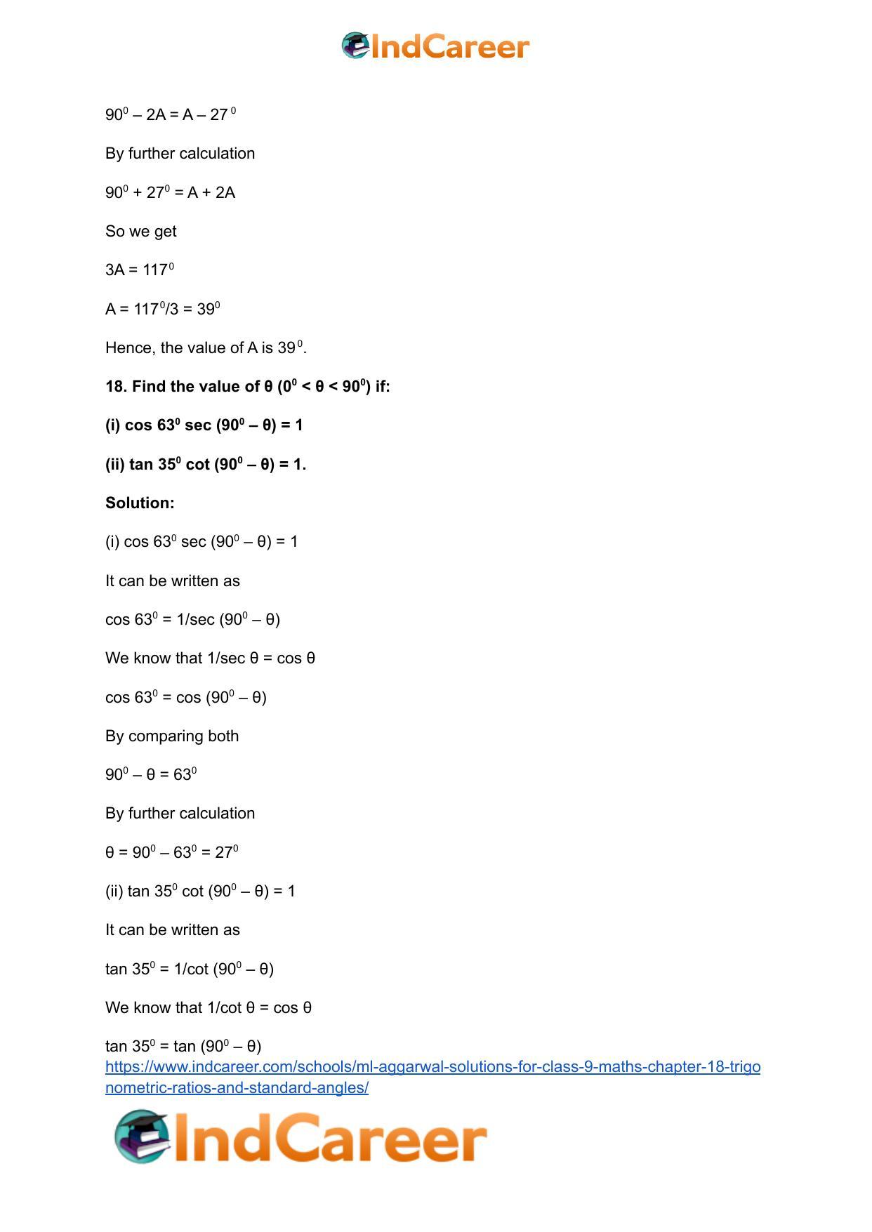 ML Aggarwal Solutions for Class 9 Maths Chapter 18- Trigonometric Ratios and Standard Angles - Page 56