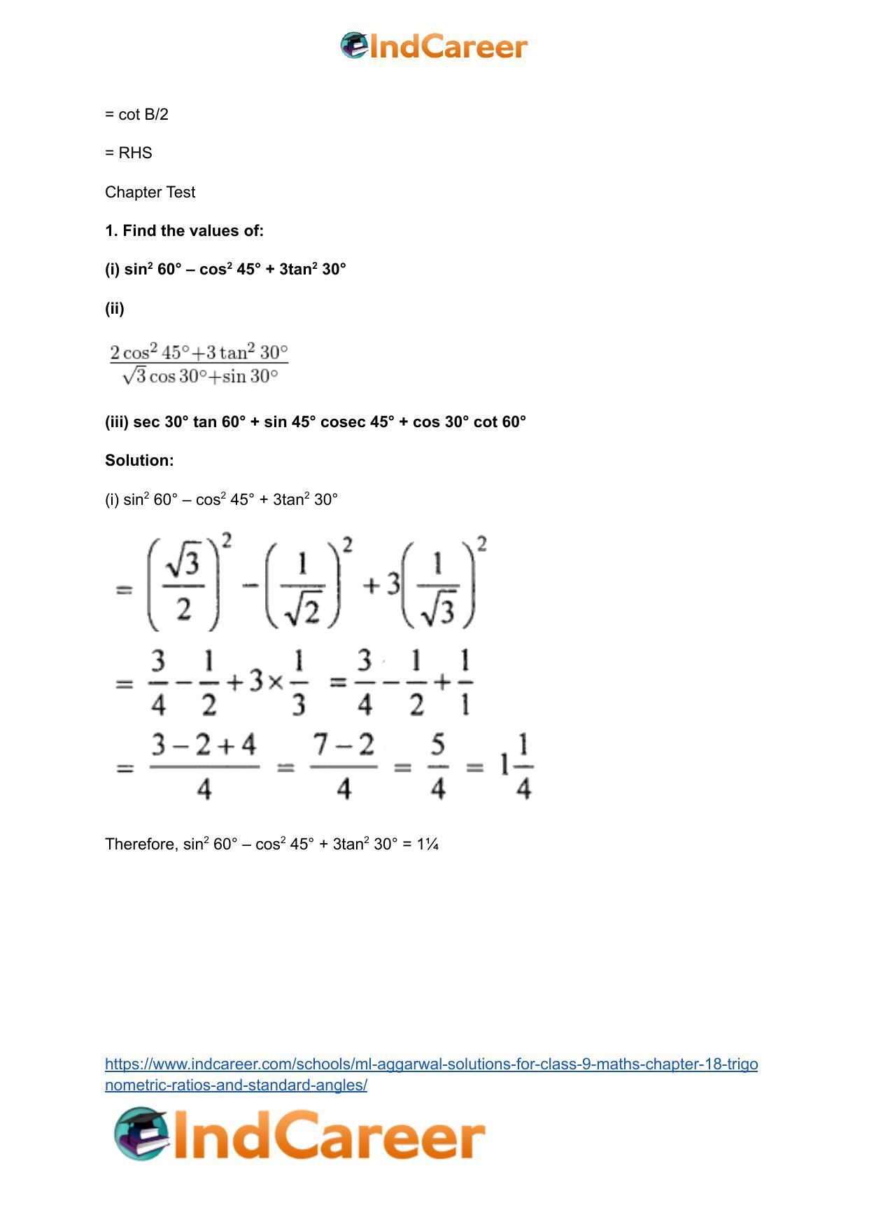 ML Aggarwal Solutions for Class 9 Maths Chapter 18- Trigonometric Ratios and Standard Angles - Page 58