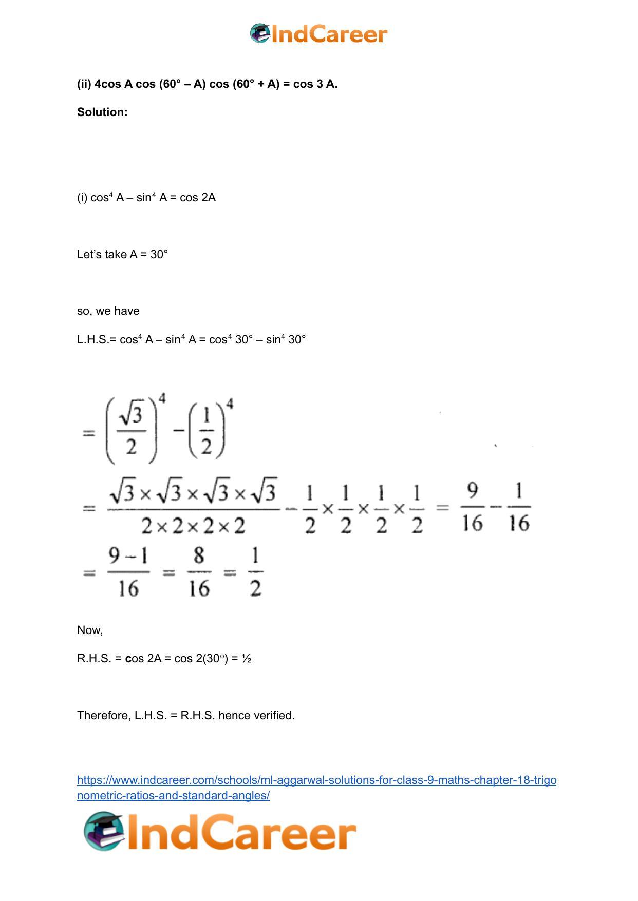 ML Aggarwal Solutions for Class 9 Maths Chapter 18- Trigonometric Ratios and Standard Angles - Page 60