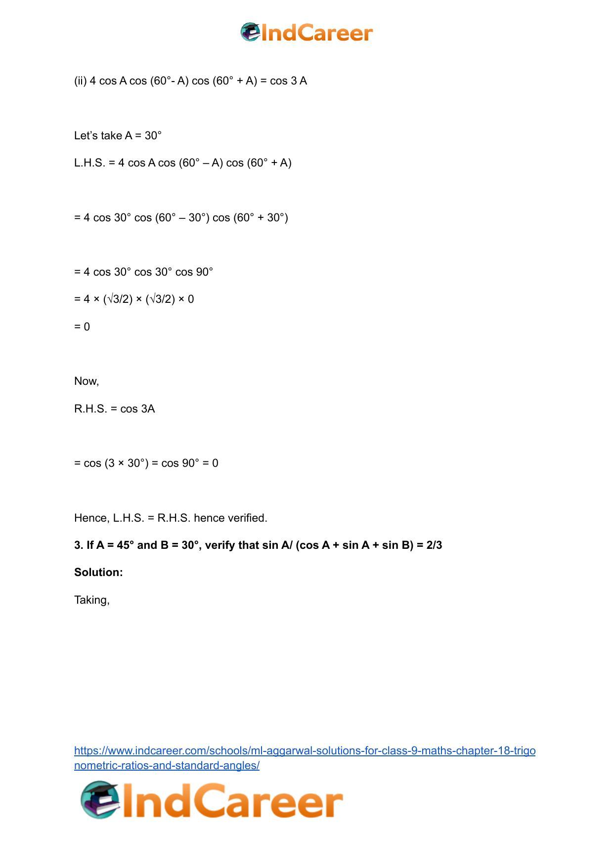 ML Aggarwal Solutions for Class 9 Maths Chapter 18- Trigonometric Ratios and Standard Angles - Page 61