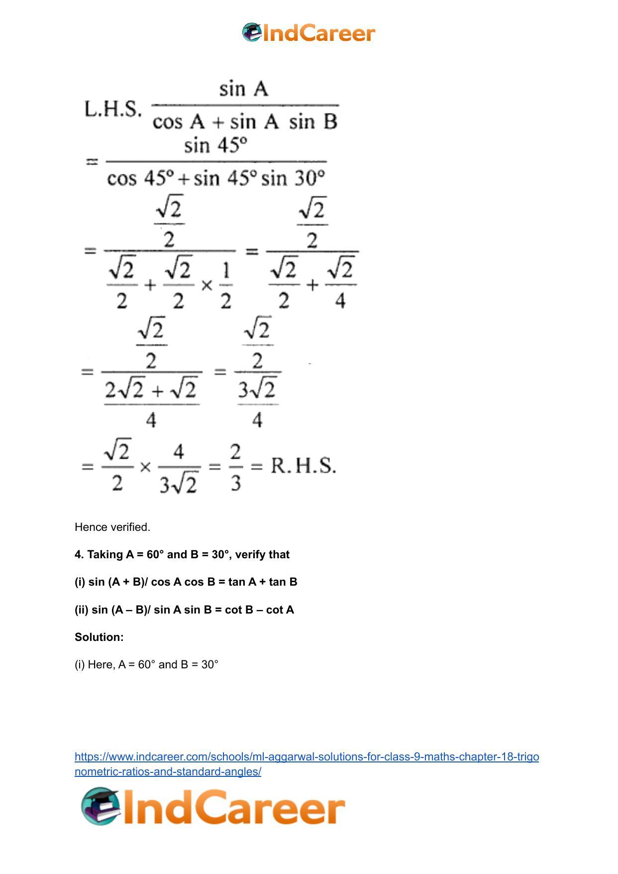 ML Aggarwal Solutions for Class 9 Maths Chapter 18- Trigonometric Ratios and Standard Angles - Page 62