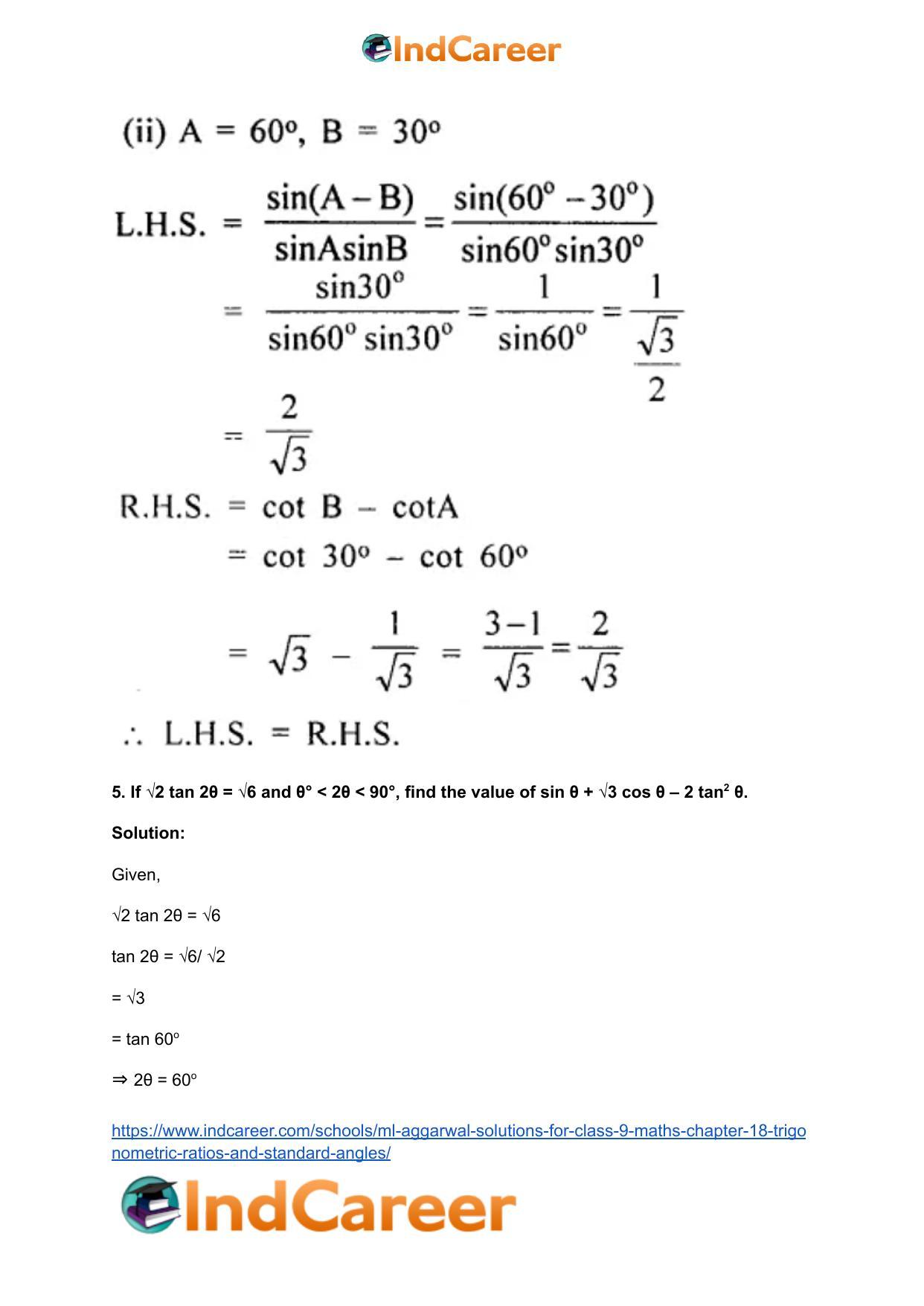 ML Aggarwal Solutions for Class 9 Maths Chapter 18- Trigonometric Ratios and Standard Angles - Page 64
