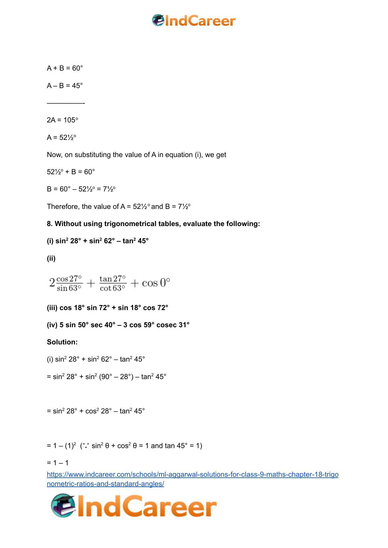 ML Aggarwal Solutions for Class 9 Maths Chapter 18- Trigonometric Ratios and Standard Angles - Page 67