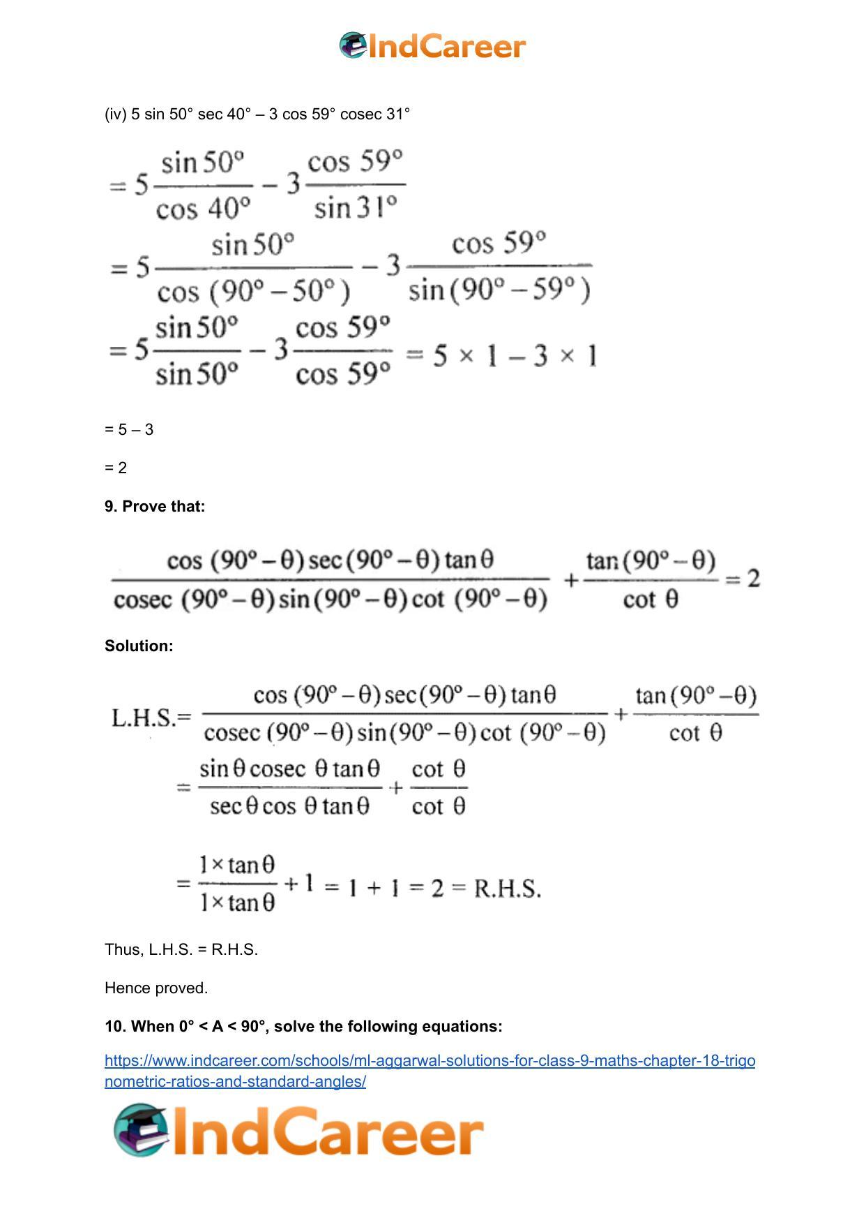 ML Aggarwal Solutions for Class 9 Maths Chapter 18- Trigonometric Ratios and Standard Angles - Page 69