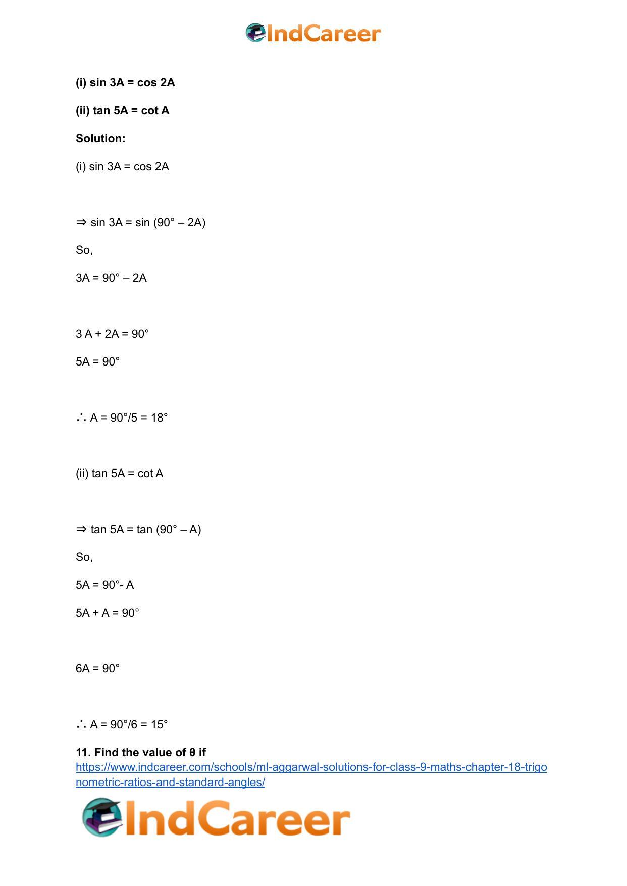 ML Aggarwal Solutions for Class 9 Maths Chapter 18- Trigonometric Ratios and Standard Angles - Page 70