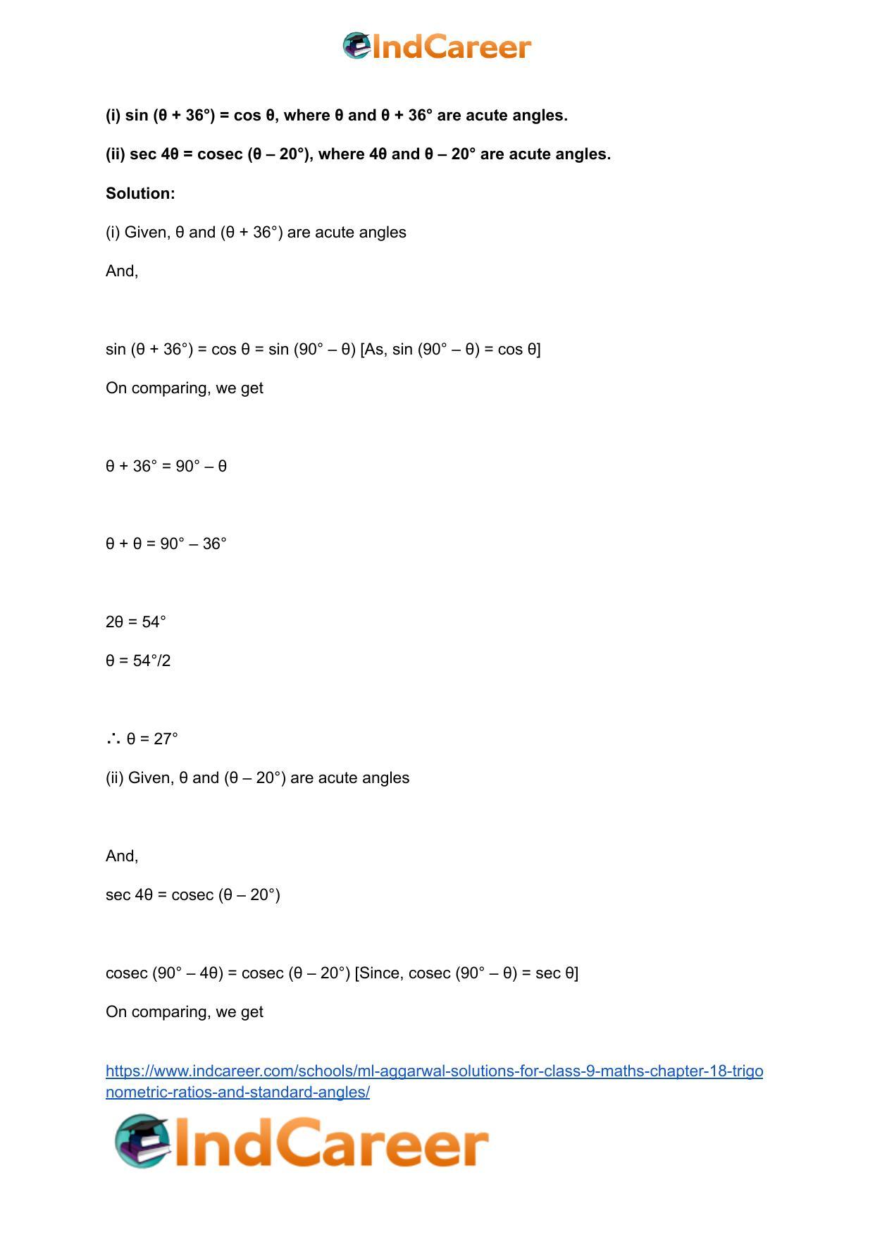 ML Aggarwal Solutions for Class 9 Maths Chapter 18- Trigonometric Ratios and Standard Angles - Page 71