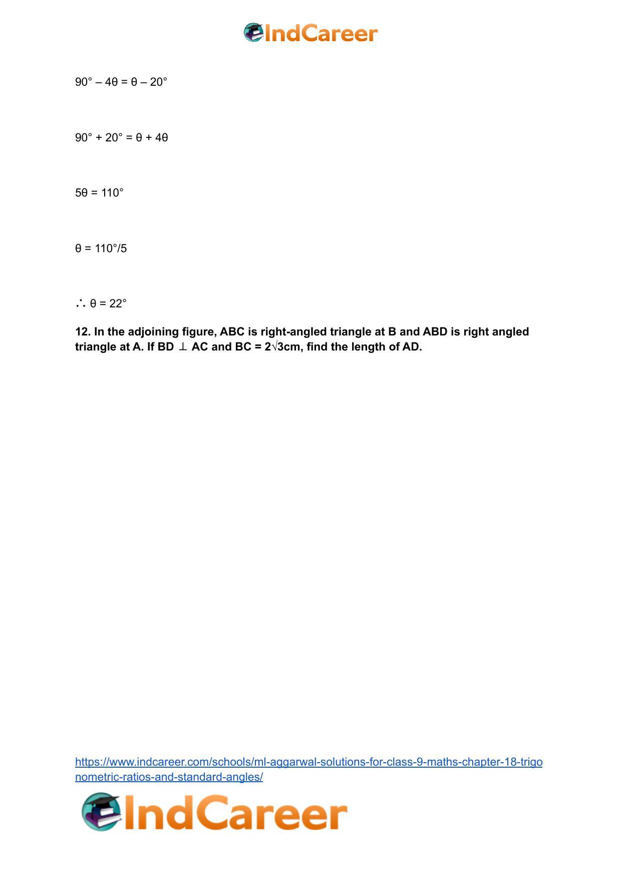 ML Aggarwal Solutions for Class 9 Maths Chapter 18- Trigonometric Ratios and Standard Angles - Page 72