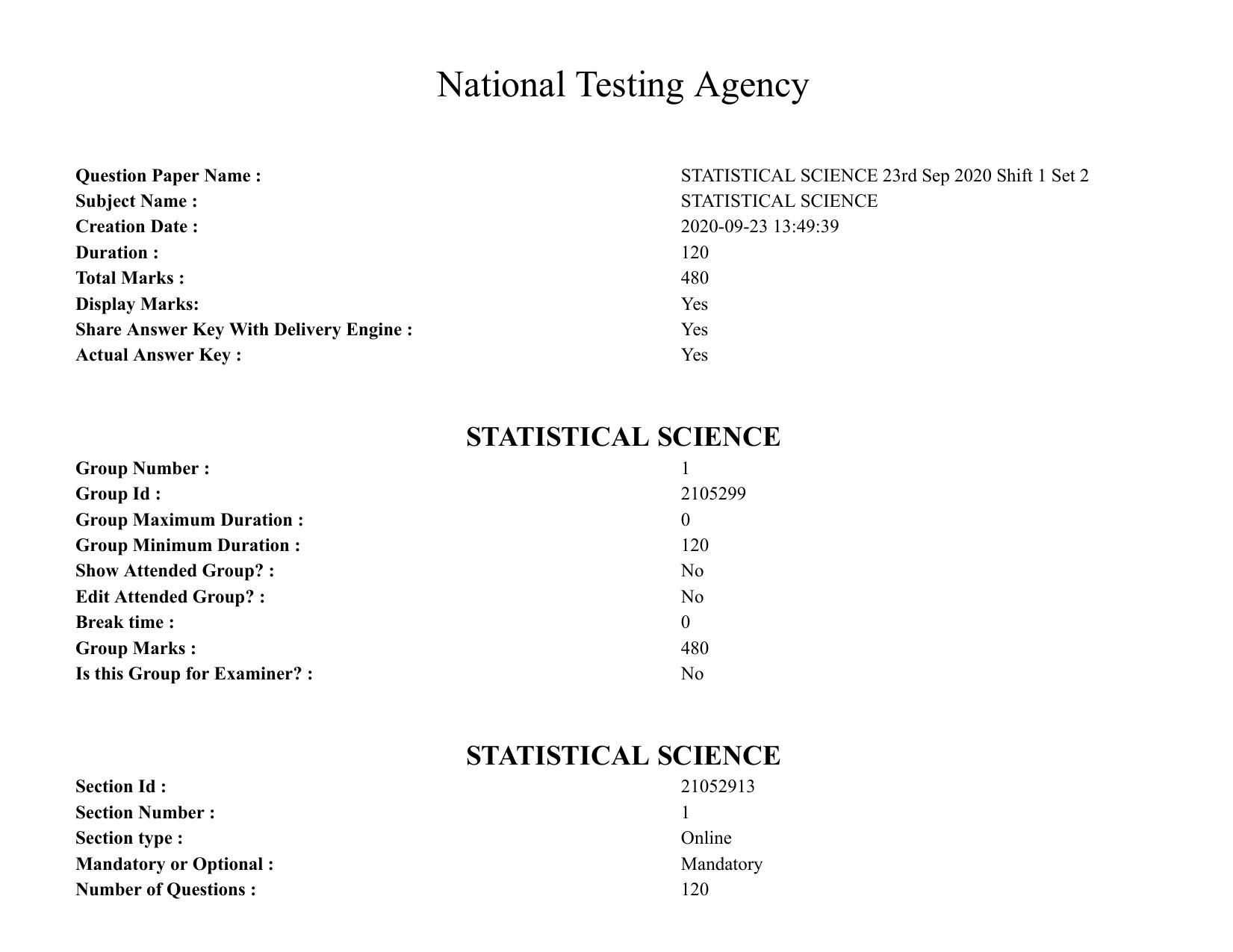 ICAR AIEEA PG 2020 STATISTICAL SCIENCE Question Paper - Page 1