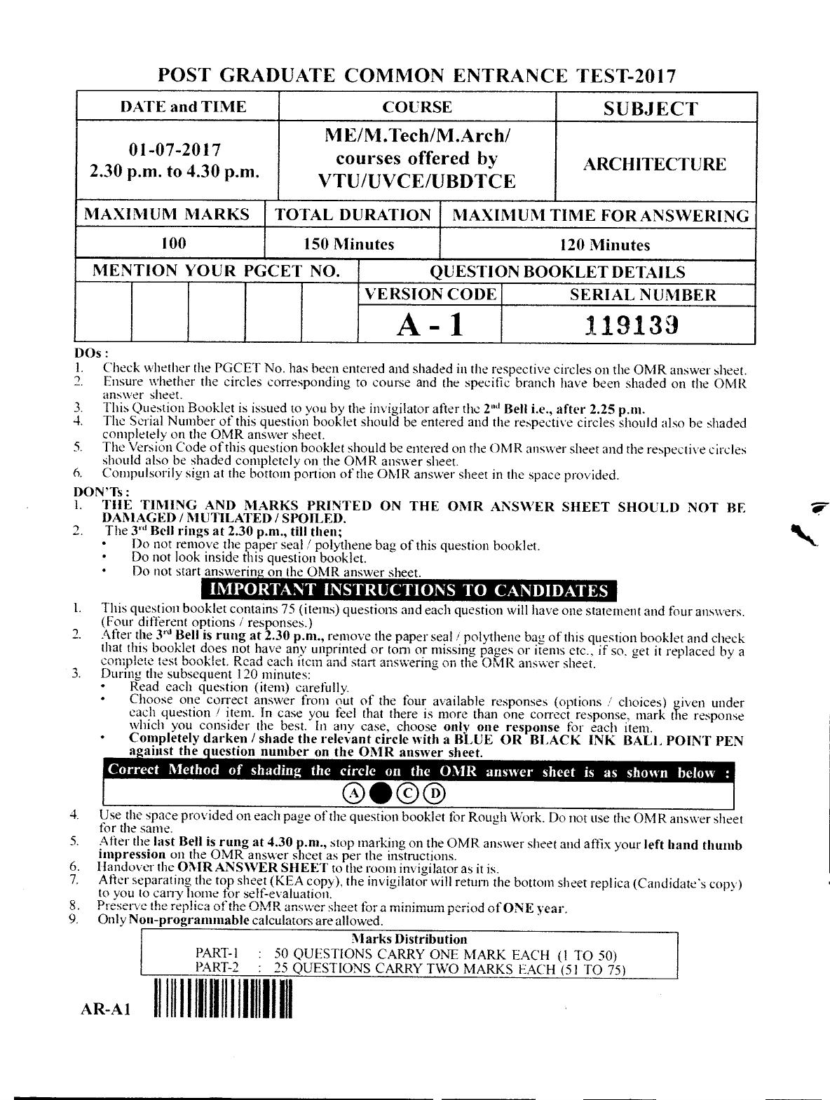 Karnataka PGCET 2017 Architecture Question Paper - Page 1