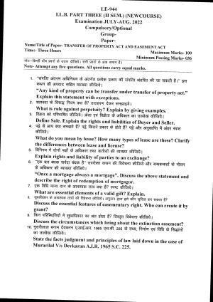 Bilaspur University Question Paper July 2022:LL.B. Part Three (II Sem.) (New Course) Transfer Of Property Act And Easement Act paper 1