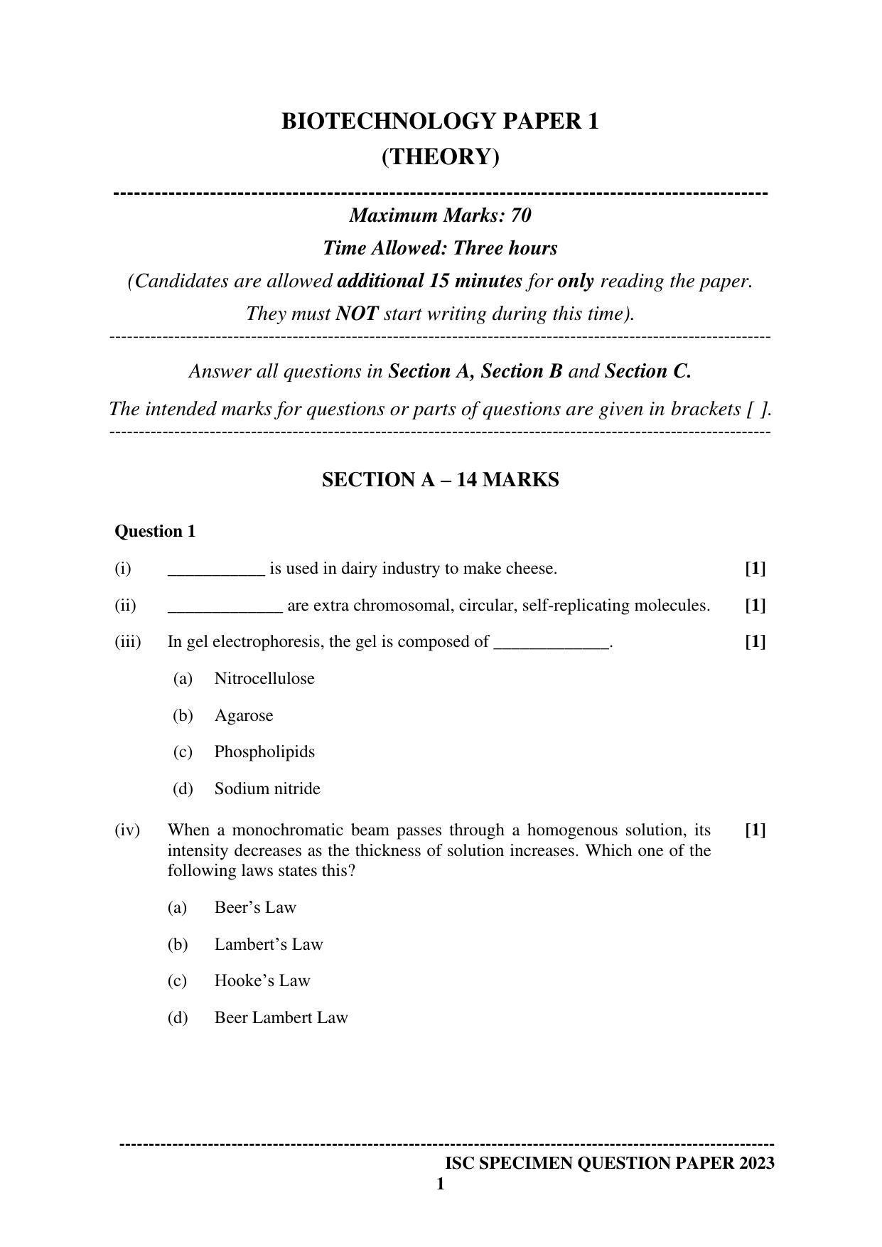 ISC Class 12 Biotechnology Paper 1 Sample Paper 2023 - Page 1