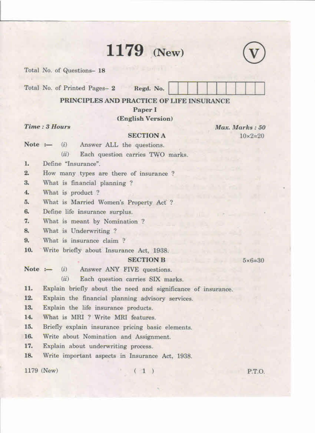 AP Inter 1st Year Principles and Practice of Life Insurance-I (New) May-2019-Vocational Question Paper - Page 1